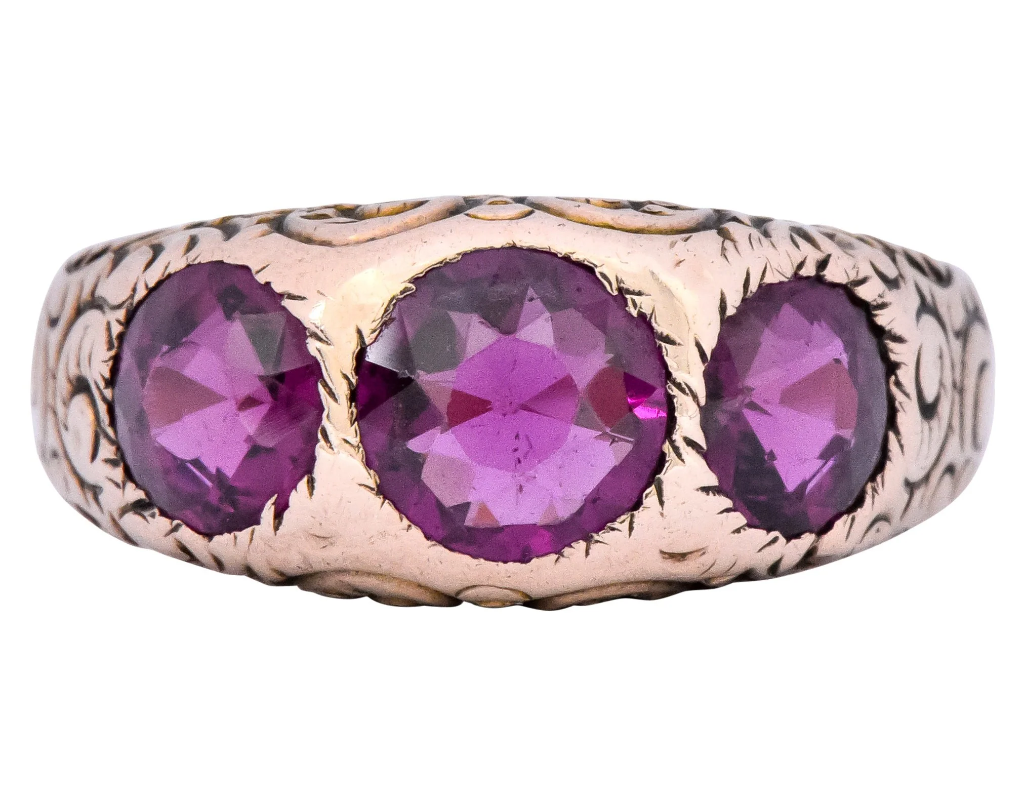 Victorian 3.10 CTW Almandine Garnet 10 Karat Rose Gold Three Stone Band Ring