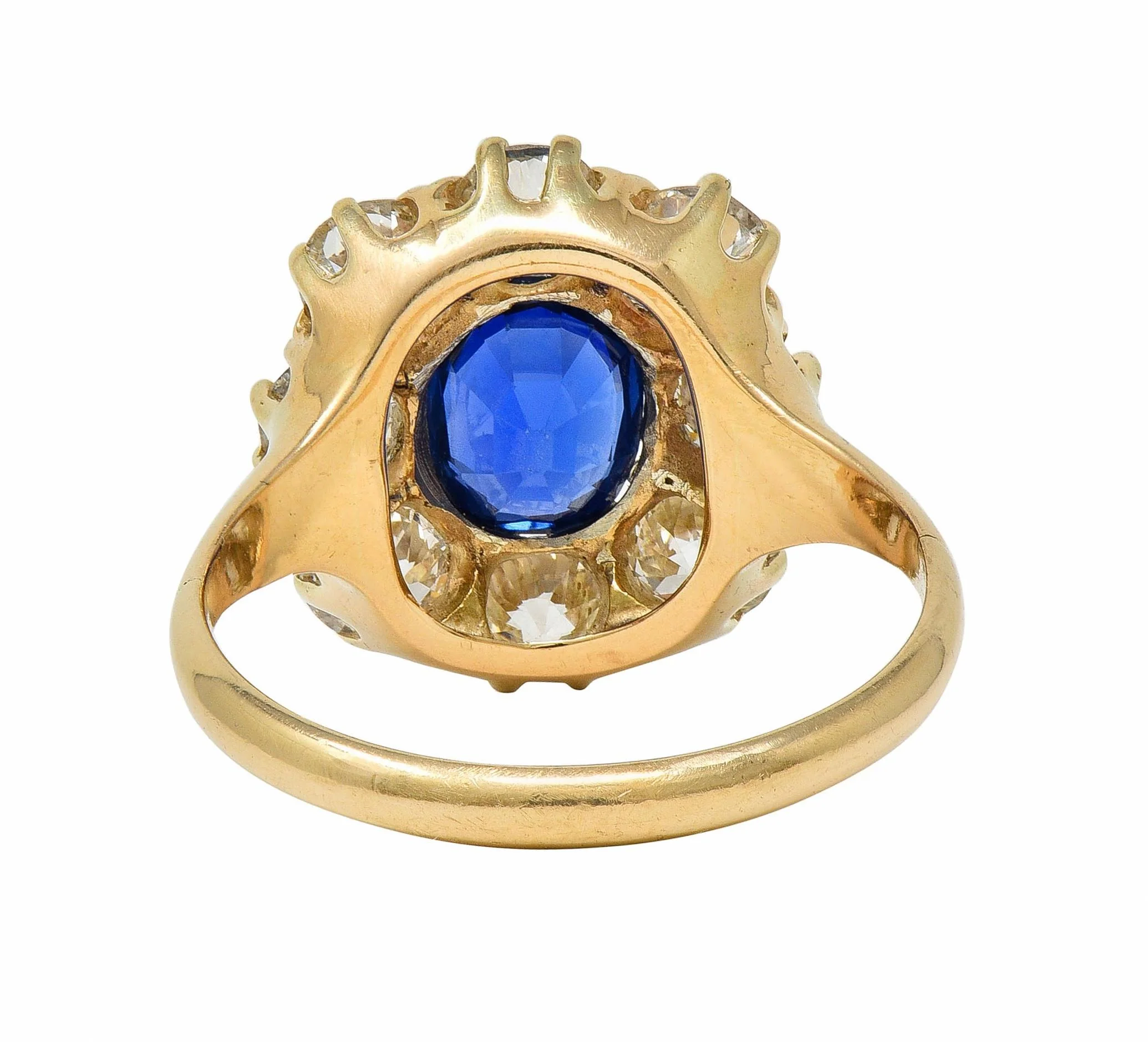Victorian 3.20 CTW No Heat Burma Sapphire Diamond 14 Karat Yellow Gold Antique Halo Ring GIA - Image 4