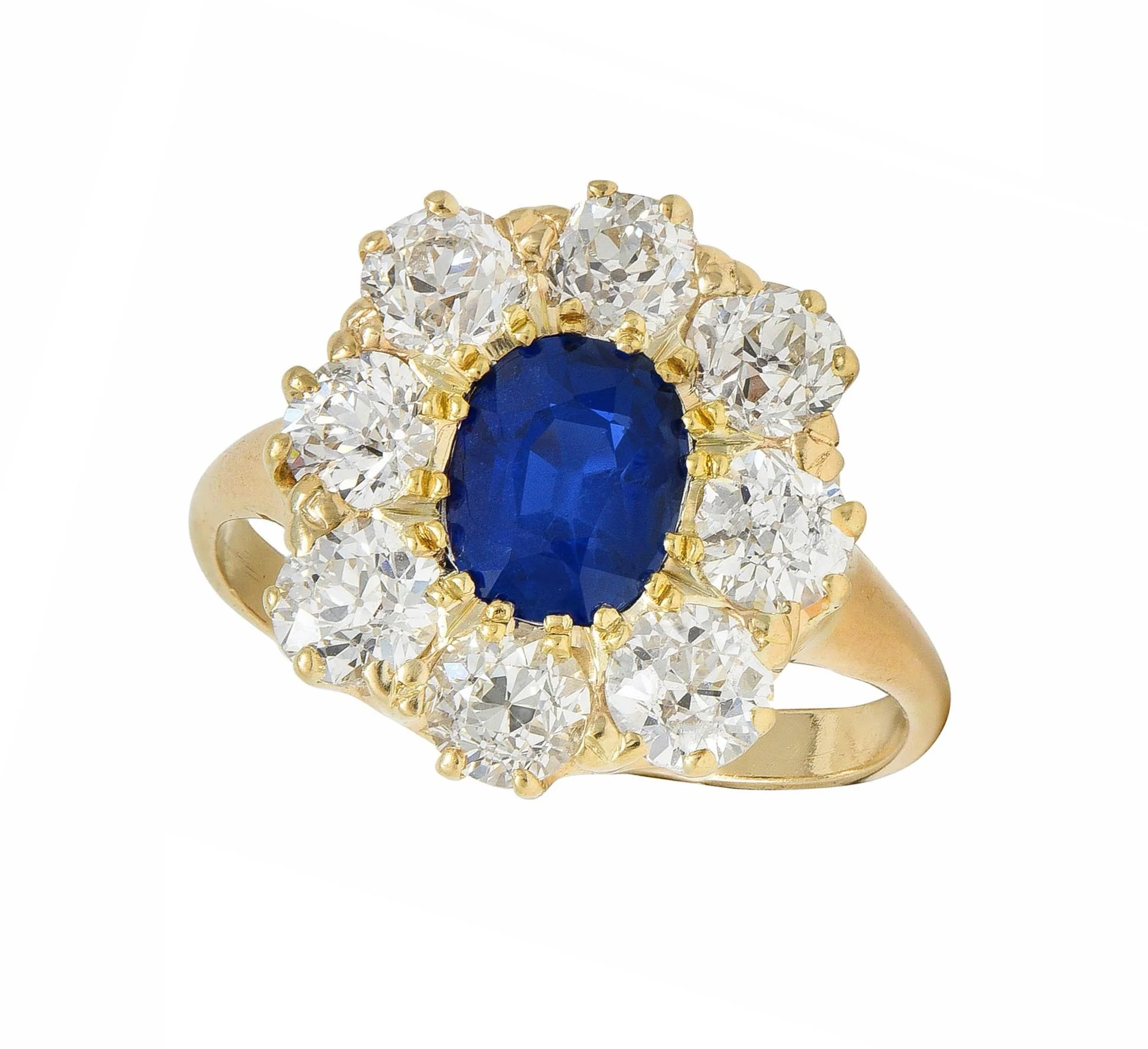 Victorian 3.20 CTW No Heat Burma Sapphire Diamond 14 Karat Yellow Gold Antique Halo Ring GIA - Image 9