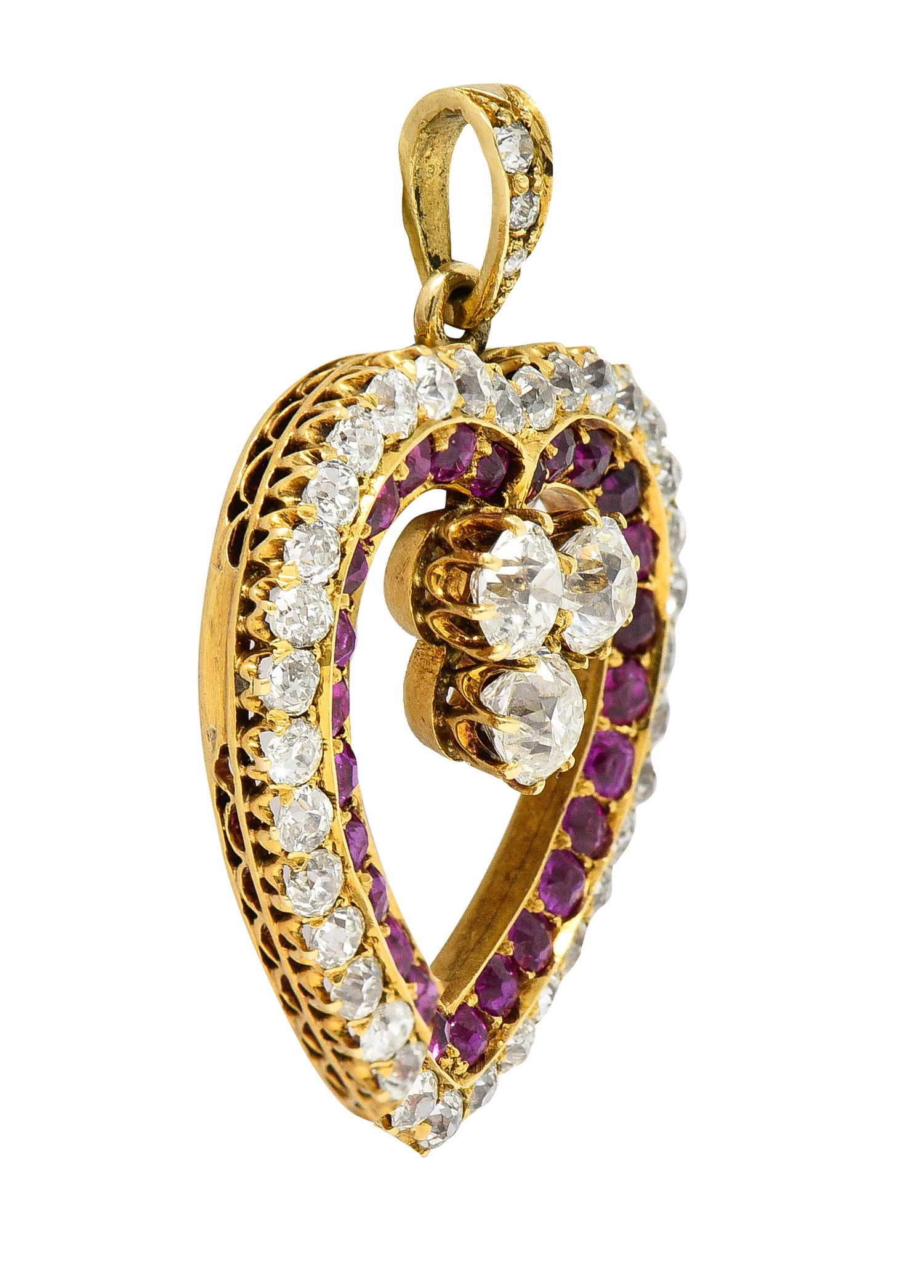 Victorian 3.35 CTW Ruby Old Mine Cut Diamond 18 Karat Yellow Gold Antique Heart Pendant - Image 4