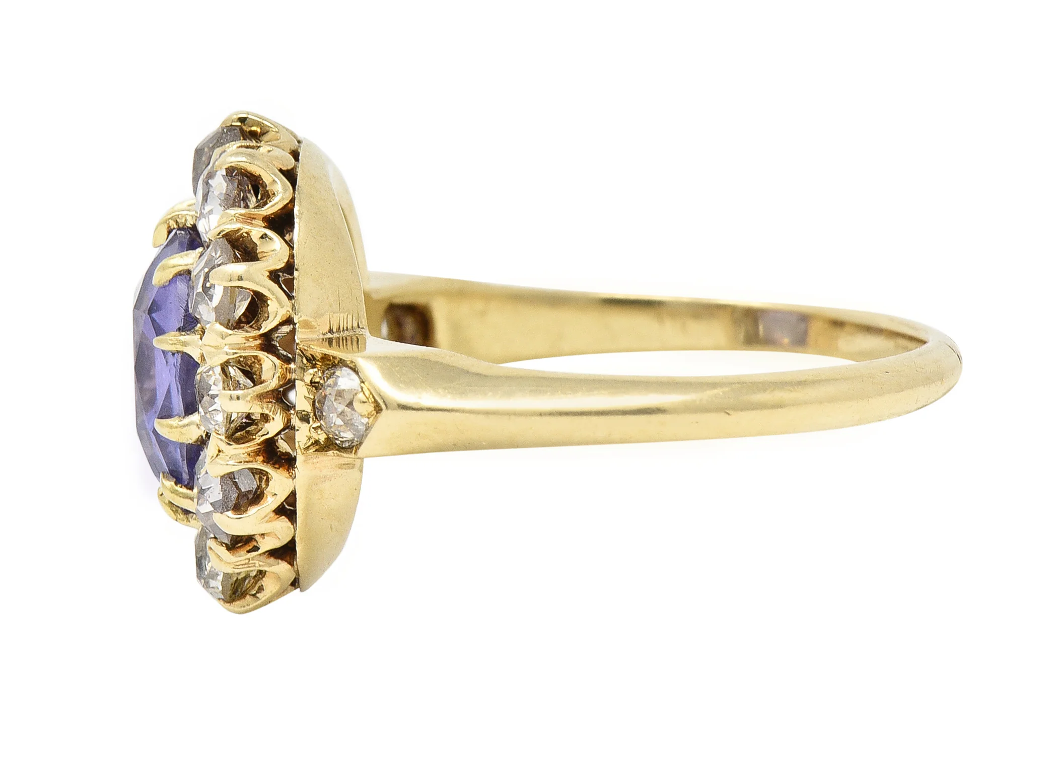 Victorian 3.56 CTW No Heat Purple Ceylon Sapphire Diamond 18 Karat Yellow Gold Antique Halo Ring GIA - Image 5