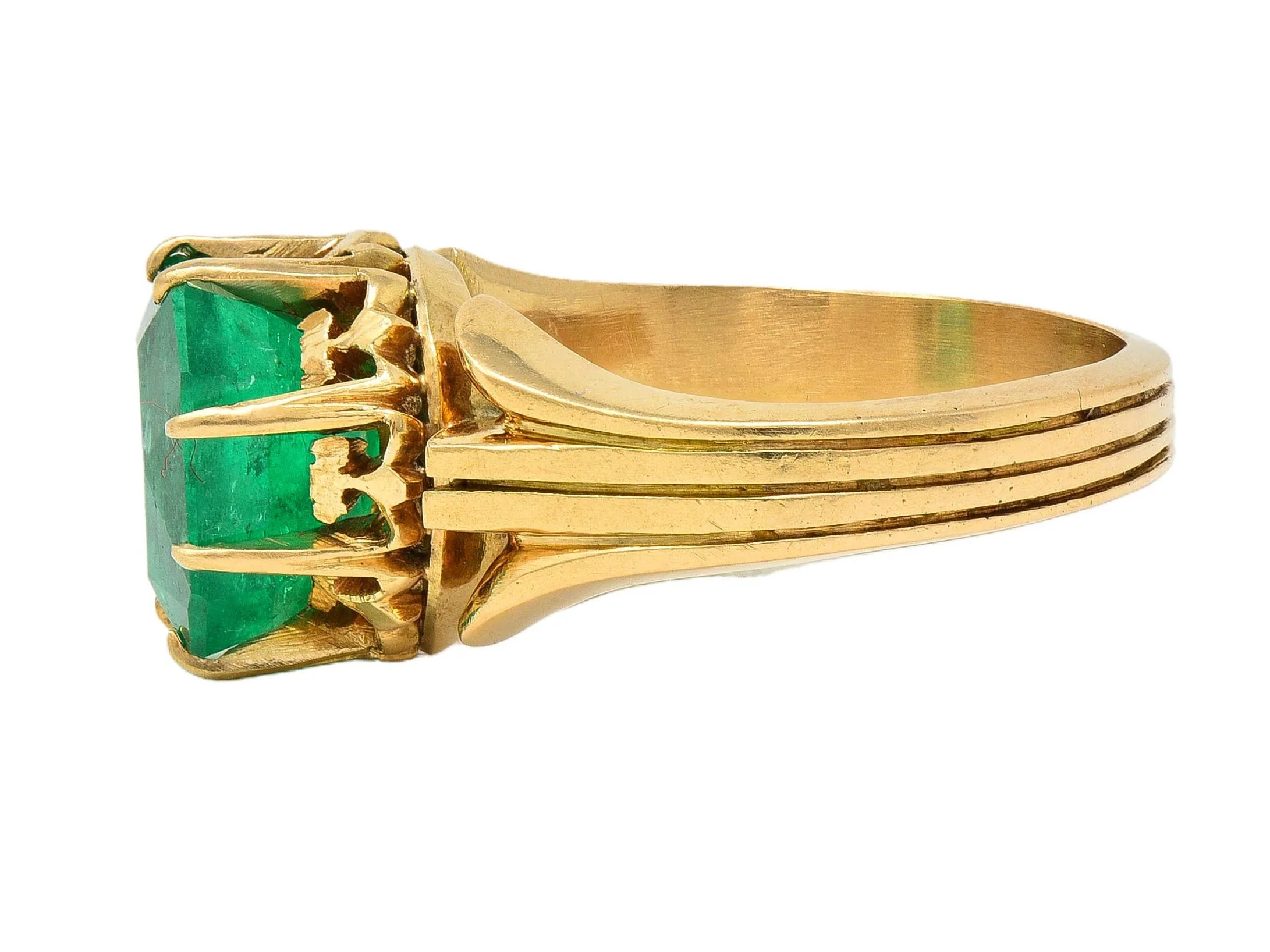 Victorian 3.60 CTW Colombian Emerald 14 Karat Yellow Gold Antique Crown Solitaire Ring GIA - Image 6