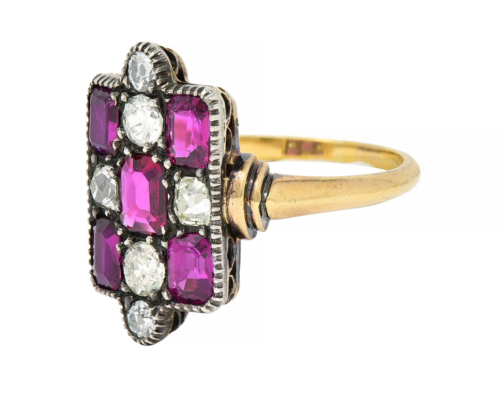 Victorian 3.74 CTW Diamond Ruby Silver 18 Karat Gold Checkerboard Navette Ring - Image 6