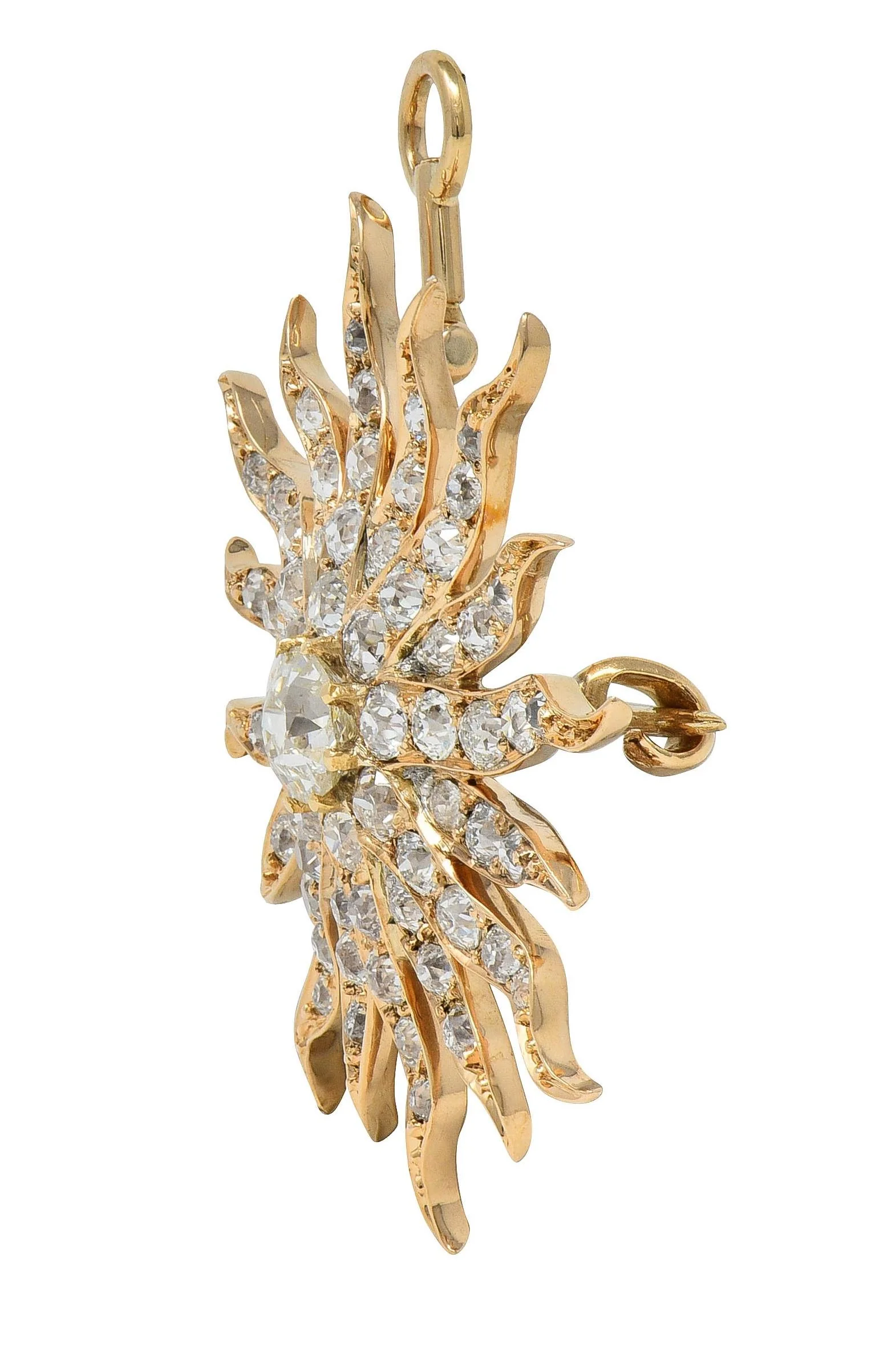 Victorian 3.80 CTW Diamond 14 Karat Yellow Gold Antique Starburst Pendant Brooch - Image 4