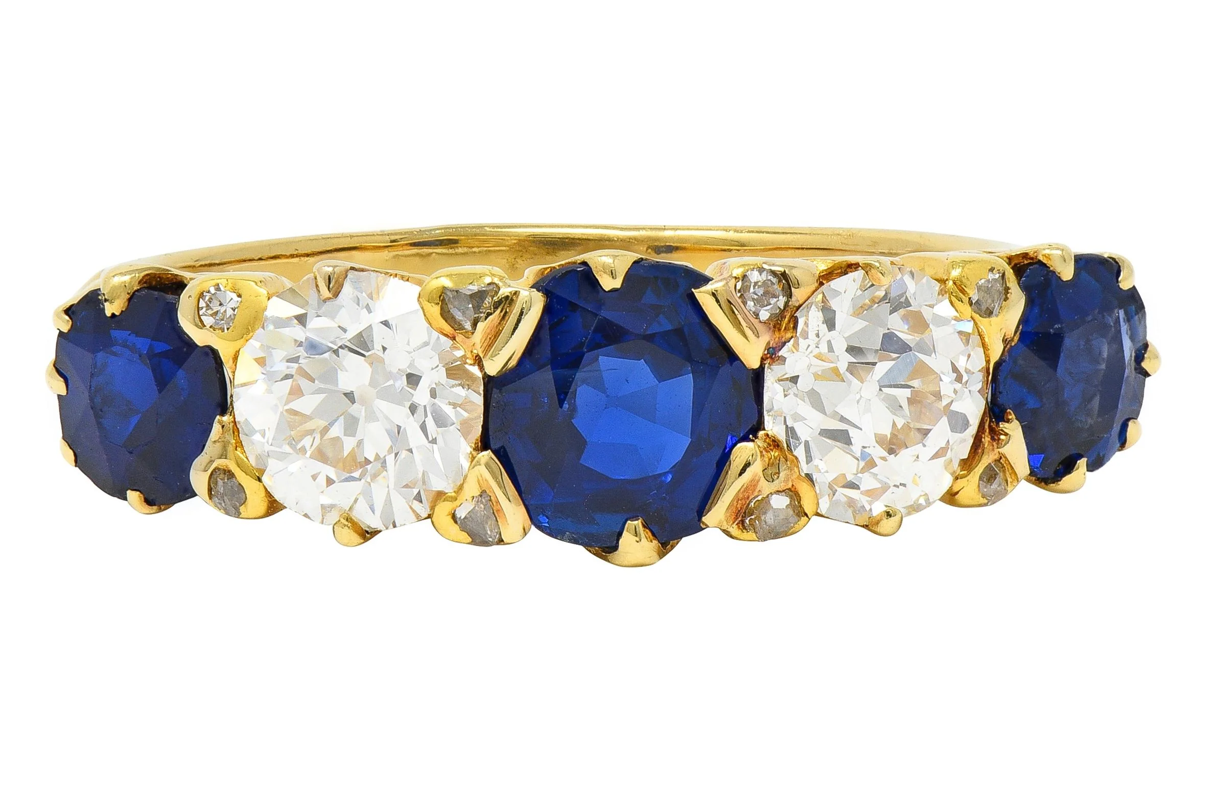 Victorian 3.84 CTW Sapphire Diamond 18 Karat Yellow Gold Antique Spade Band Ring