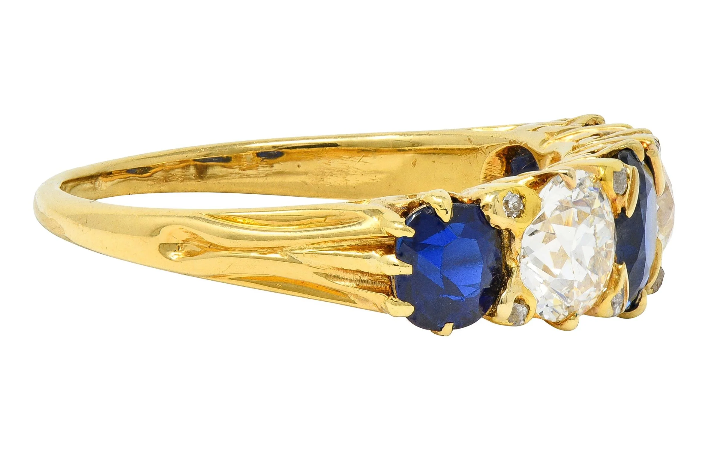 Victorian 3.84 CTW Sapphire Diamond 18 Karat Yellow Gold Antique Spade Band Ring - Image 2