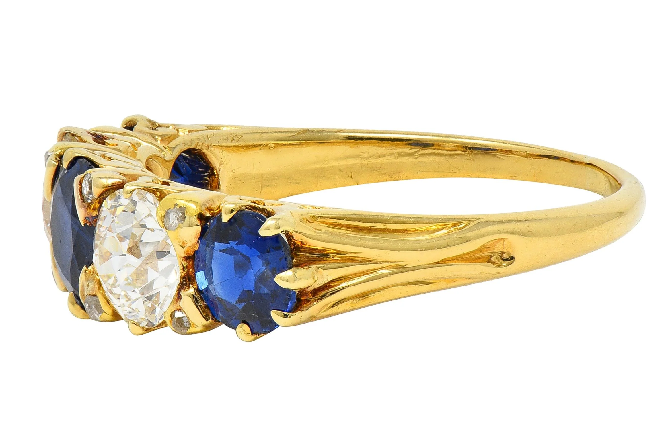 Victorian 3.84 CTW Sapphire Diamond 18 Karat Yellow Gold Antique Spade Band Ring - Image 4