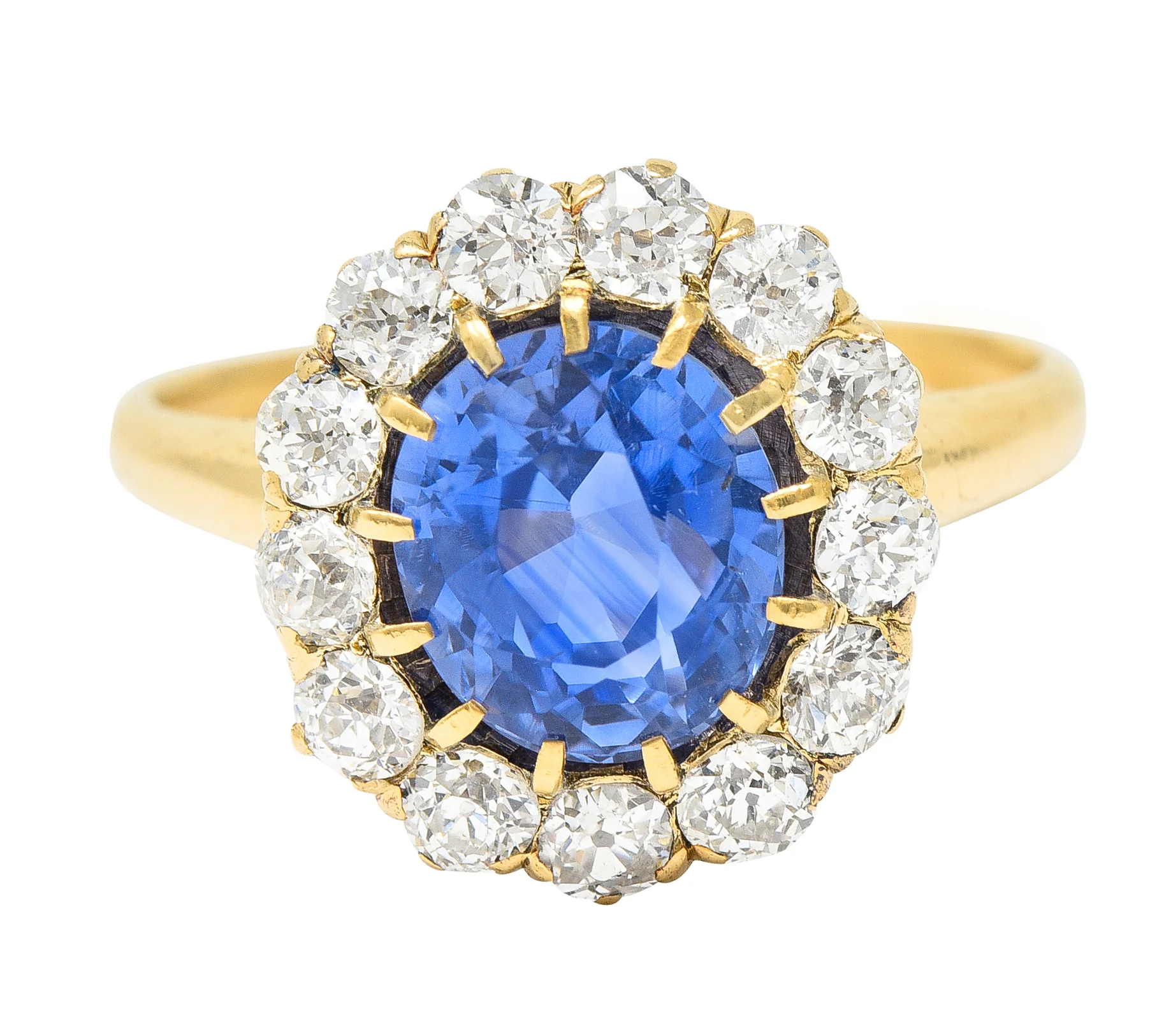 Victorian 3.95 CTW No-Heat Ceylon Sapphire Old Mine Cut Diamond 14 Karat Yellow Gold Antique Halo Gemstone Ring GIA