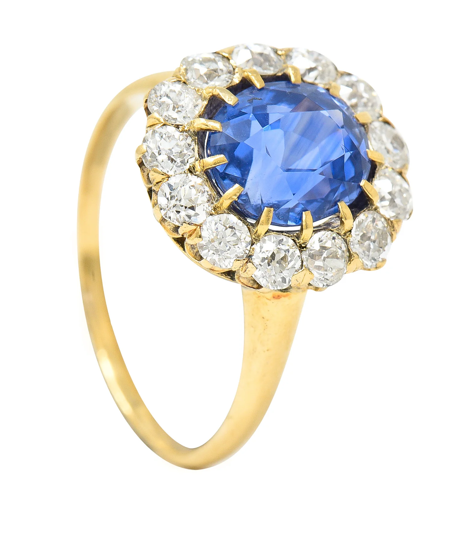 Victorian 3.95 CTW No-Heat Ceylon Sapphire Old Mine Cut Diamond 14 Karat Yellow Gold Antique Halo Gemstone Ring GIA - Image 10