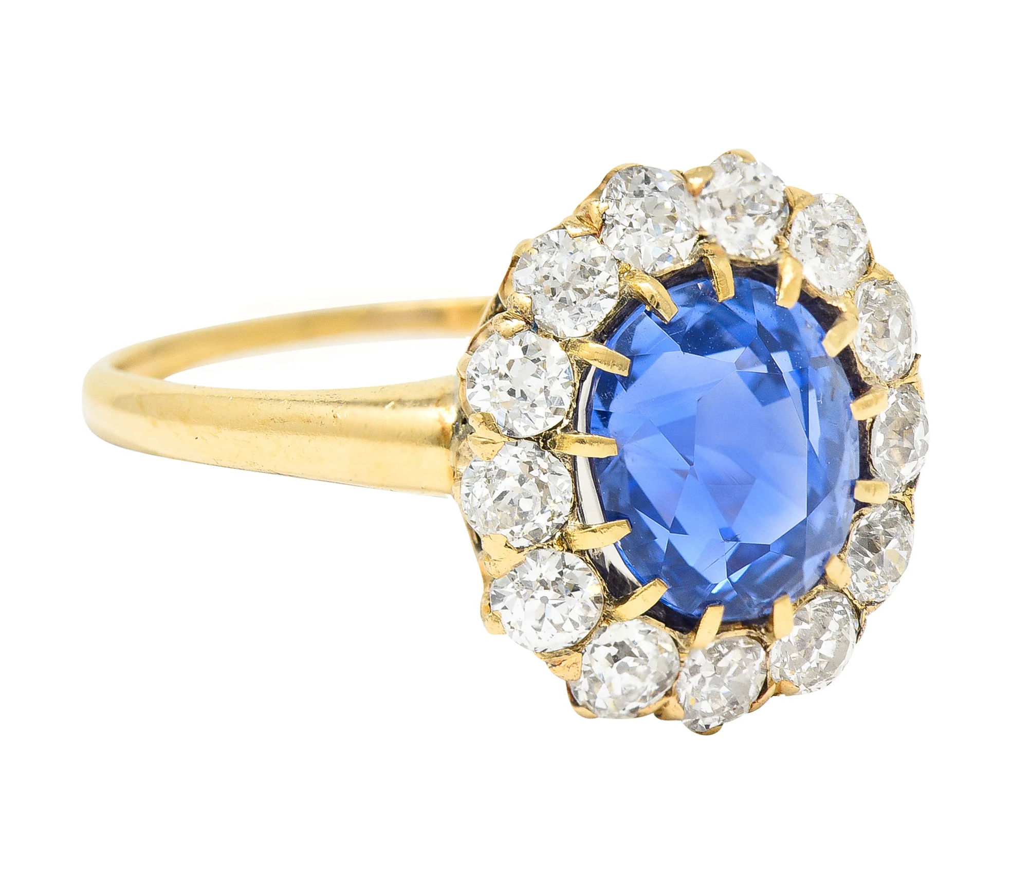 Victorian 3.95 CTW No-Heat Ceylon Sapphire Old Mine Cut Diamond 14 Karat Yellow Gold Antique Halo Gemstone Ring GIA - Image 2