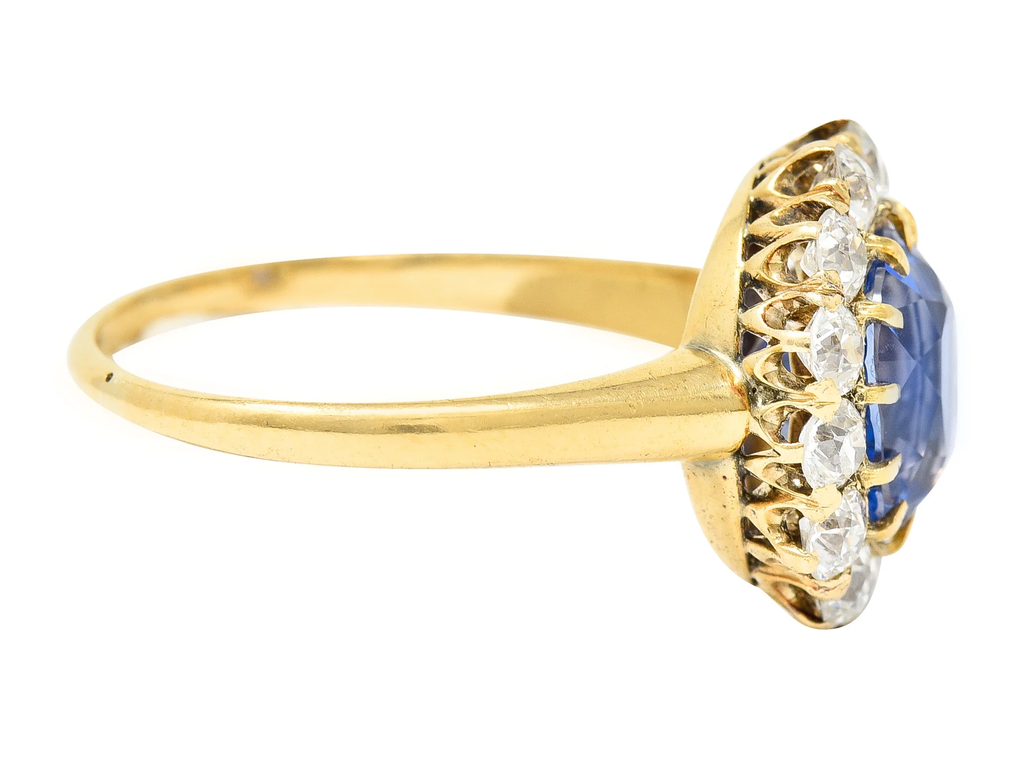 Victorian 3.95 CTW No-Heat Ceylon Sapphire Old Mine Cut Diamond 14 Karat Yellow Gold Antique Halo Gemstone Ring GIA - Image 3