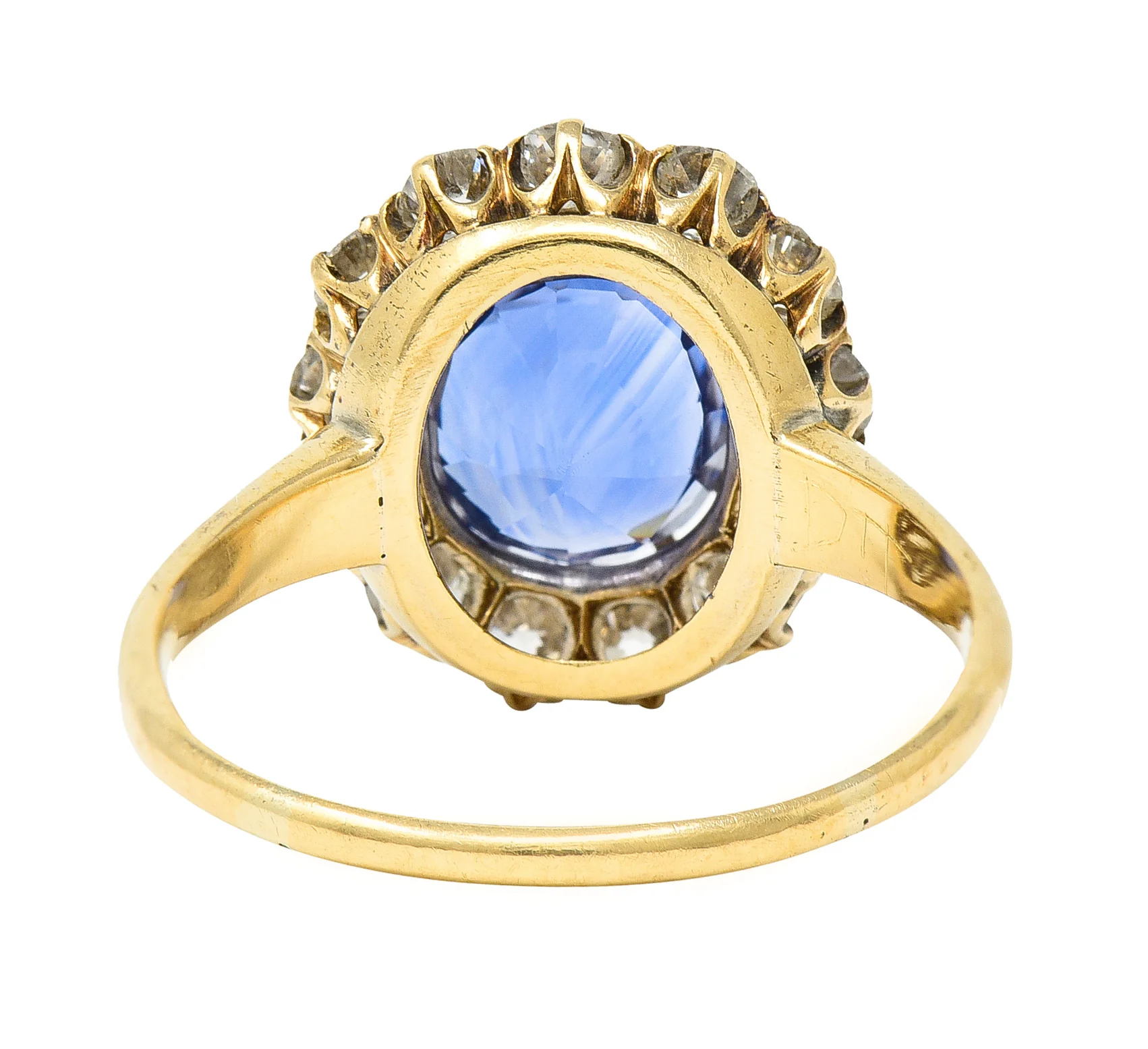 Victorian 3.95 CTW No-Heat Ceylon Sapphire Old Mine Cut Diamond 14 Karat Yellow Gold Antique Halo Gemstone Ring GIA - Image 4