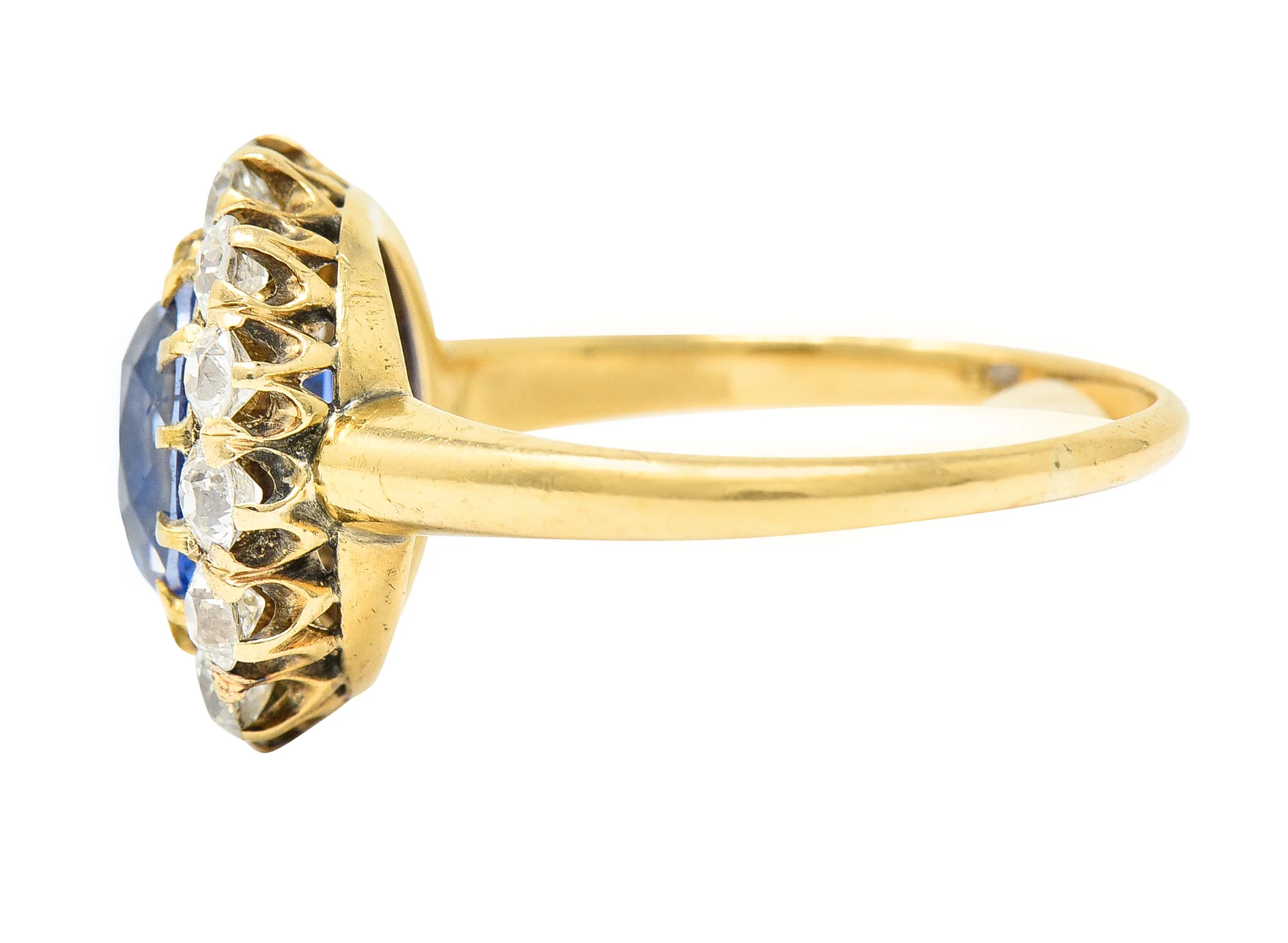 Victorian 3.95 CTW No-Heat Ceylon Sapphire Old Mine Cut Diamond 14 Karat Yellow Gold Antique Halo Gemstone Ring GIA - Image 5