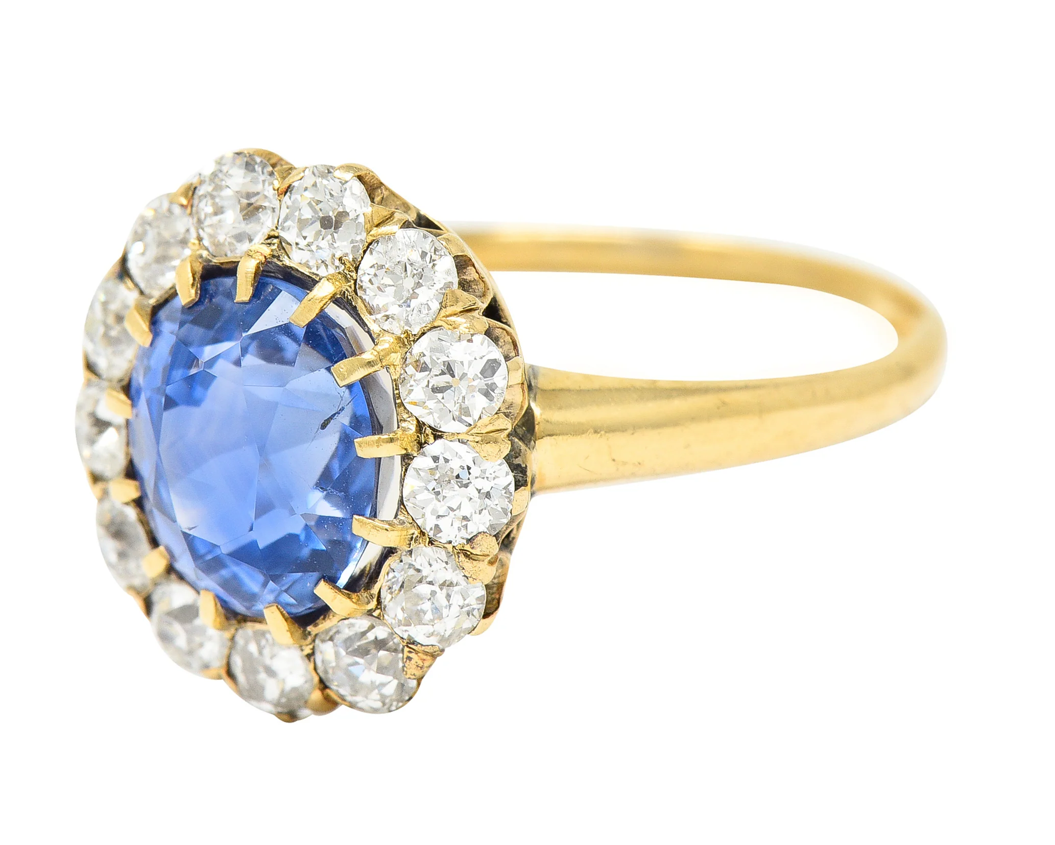 Victorian 3.95 CTW No-Heat Ceylon Sapphire Old Mine Cut Diamond 14 Karat Yellow Gold Antique Halo Gemstone Ring GIA - Image 6