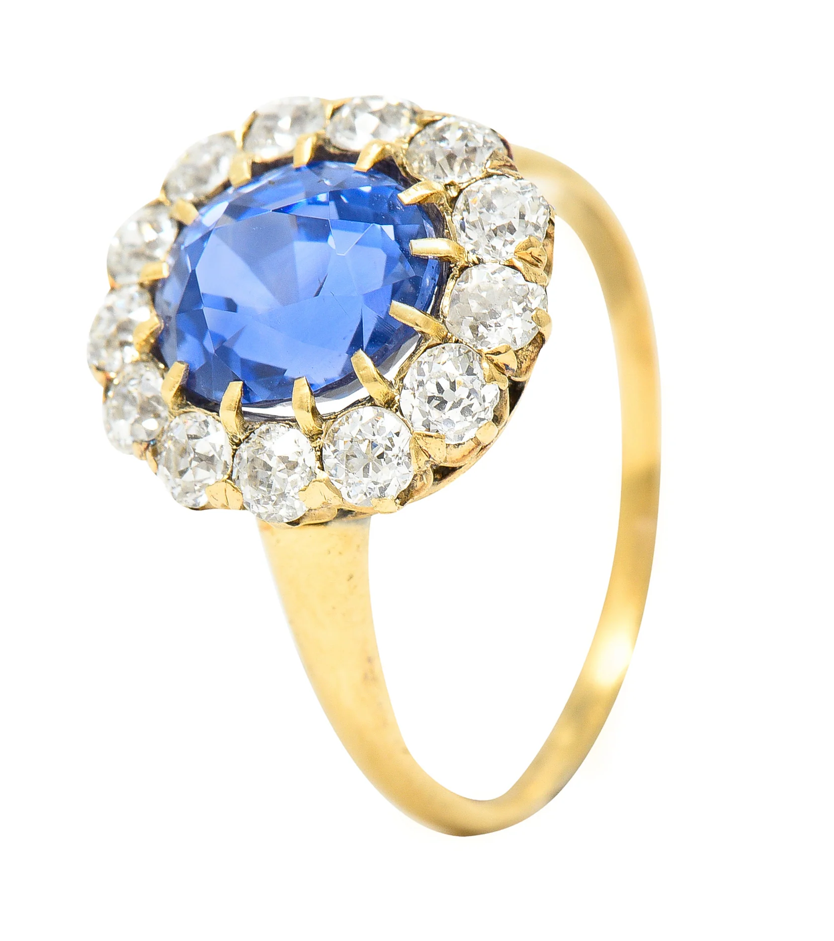 Victorian 3.95 CTW No-Heat Ceylon Sapphire Old Mine Cut Diamond 14 Karat Yellow Gold Antique Halo Gemstone Ring GIA - Image 7