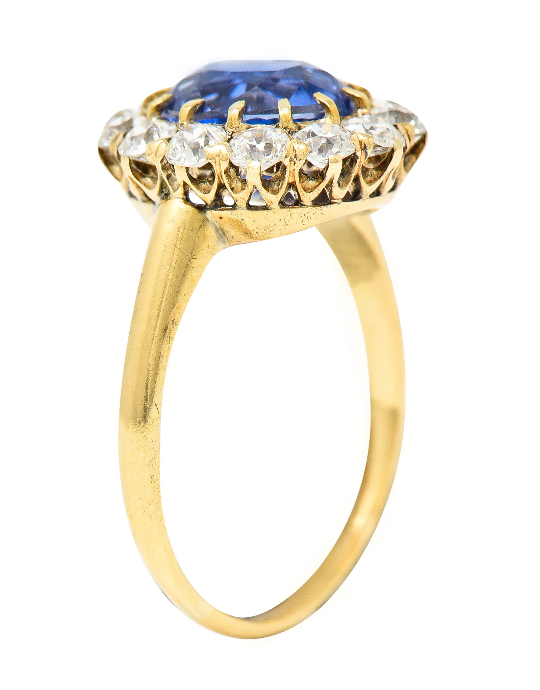 Victorian 3.95 CTW No-Heat Ceylon Sapphire Old Mine Cut Diamond 14 Karat Yellow Gold Antique Halo Gemstone Ring GIA - Image 8