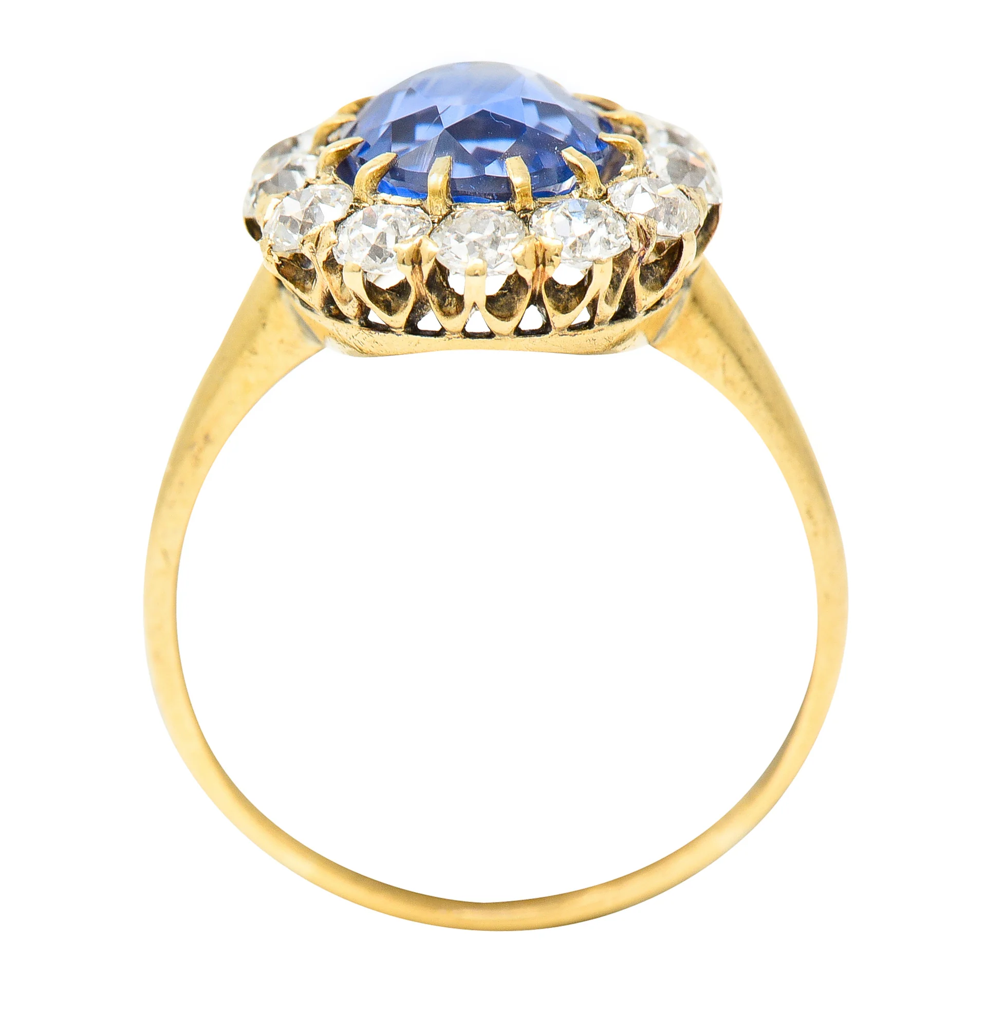 Victorian 3.95 CTW No-Heat Ceylon Sapphire Old Mine Cut Diamond 14 Karat Yellow Gold Antique Halo Gemstone Ring GIA - Image 9