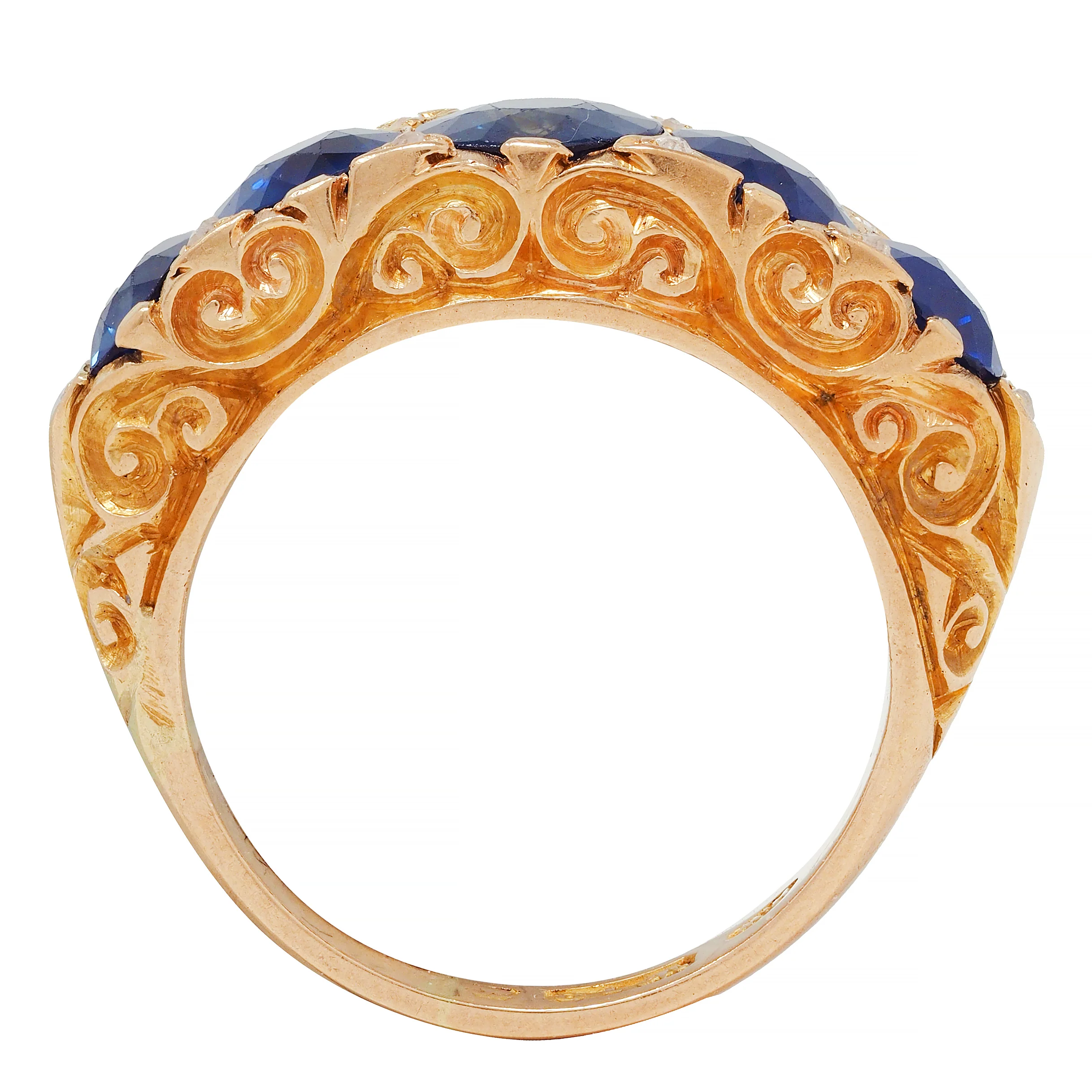 Victorian 4.10 CTW No Heat Sapphire Diamond 18 Karat Yellow Gold Antique Five Stone Band Ring GIA - Image 10