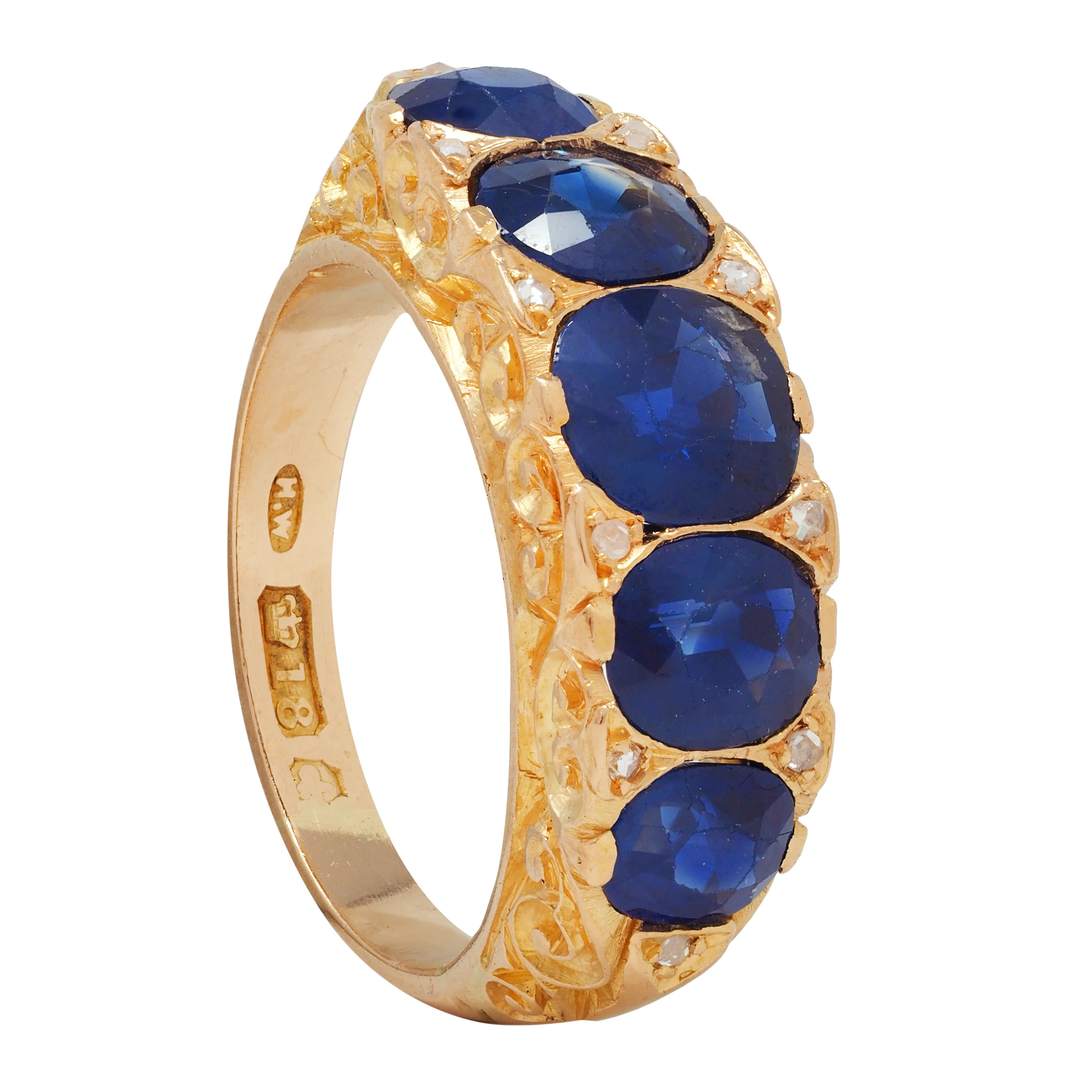 Victorian 4.10 CTW No Heat Sapphire Diamond 18 Karat Yellow Gold Antique Five Stone Band Ring GIA - Image 11