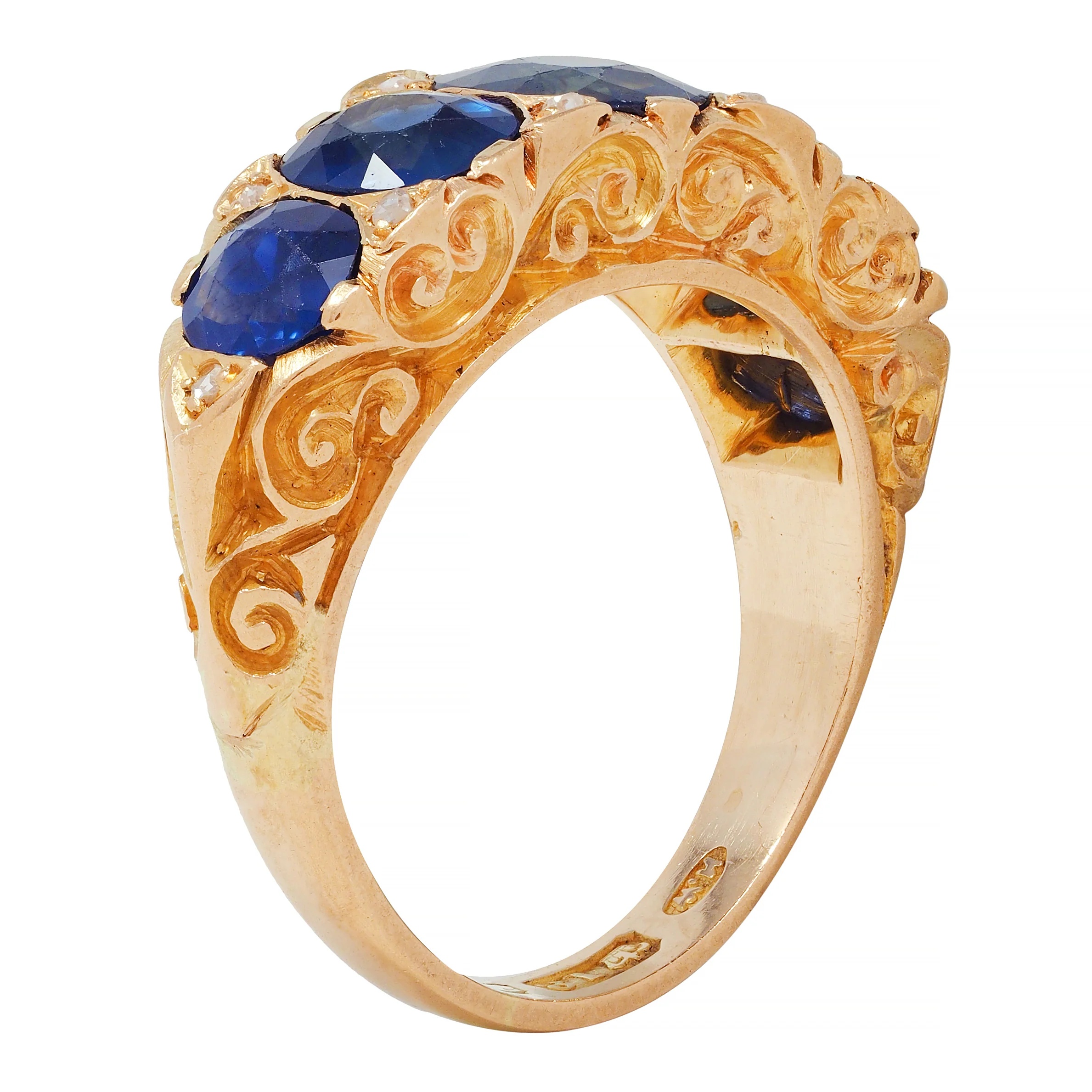 Victorian 4.10 CTW No Heat Sapphire Diamond 18 Karat Yellow Gold Antique Five Stone Band Ring GIA - Image 2