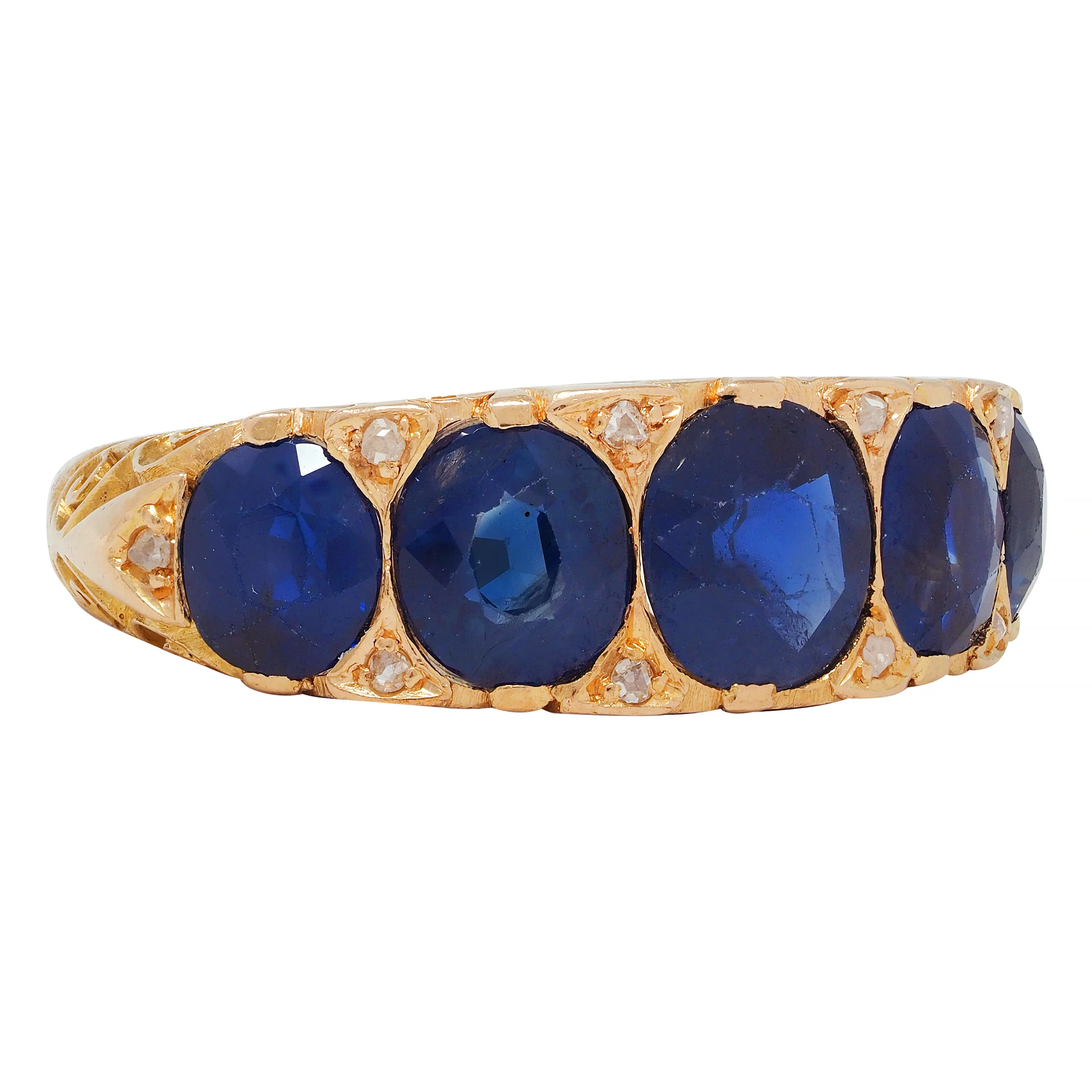 Victorian 4.10 CTW No Heat Sapphire Diamond 18 Karat Yellow Gold Antique Five Stone Band Ring GIA - Image 3