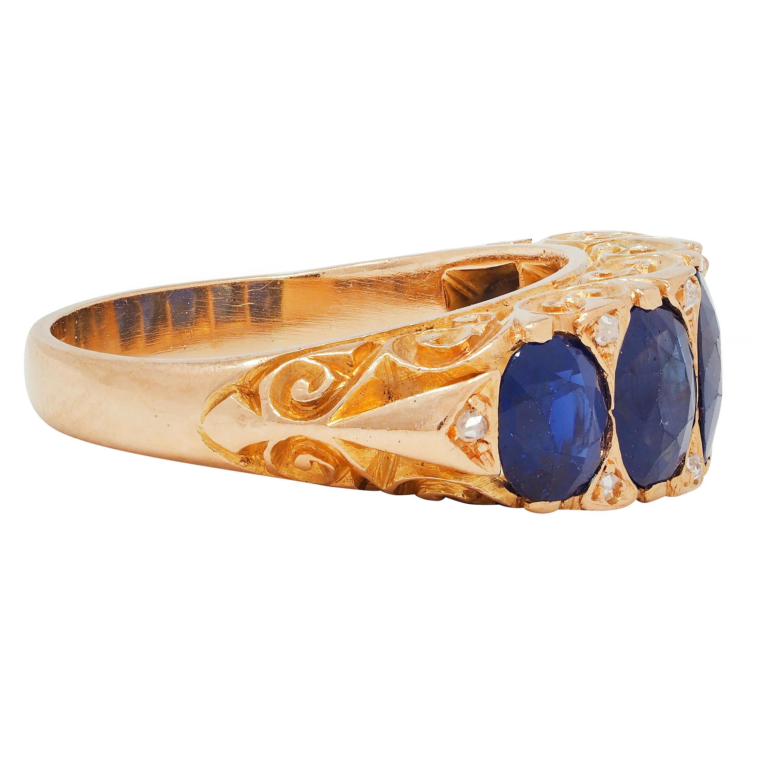 Victorian 4.10 CTW No Heat Sapphire Diamond 18 Karat Yellow Gold Antique Five Stone Band Ring GIA - Image 4
