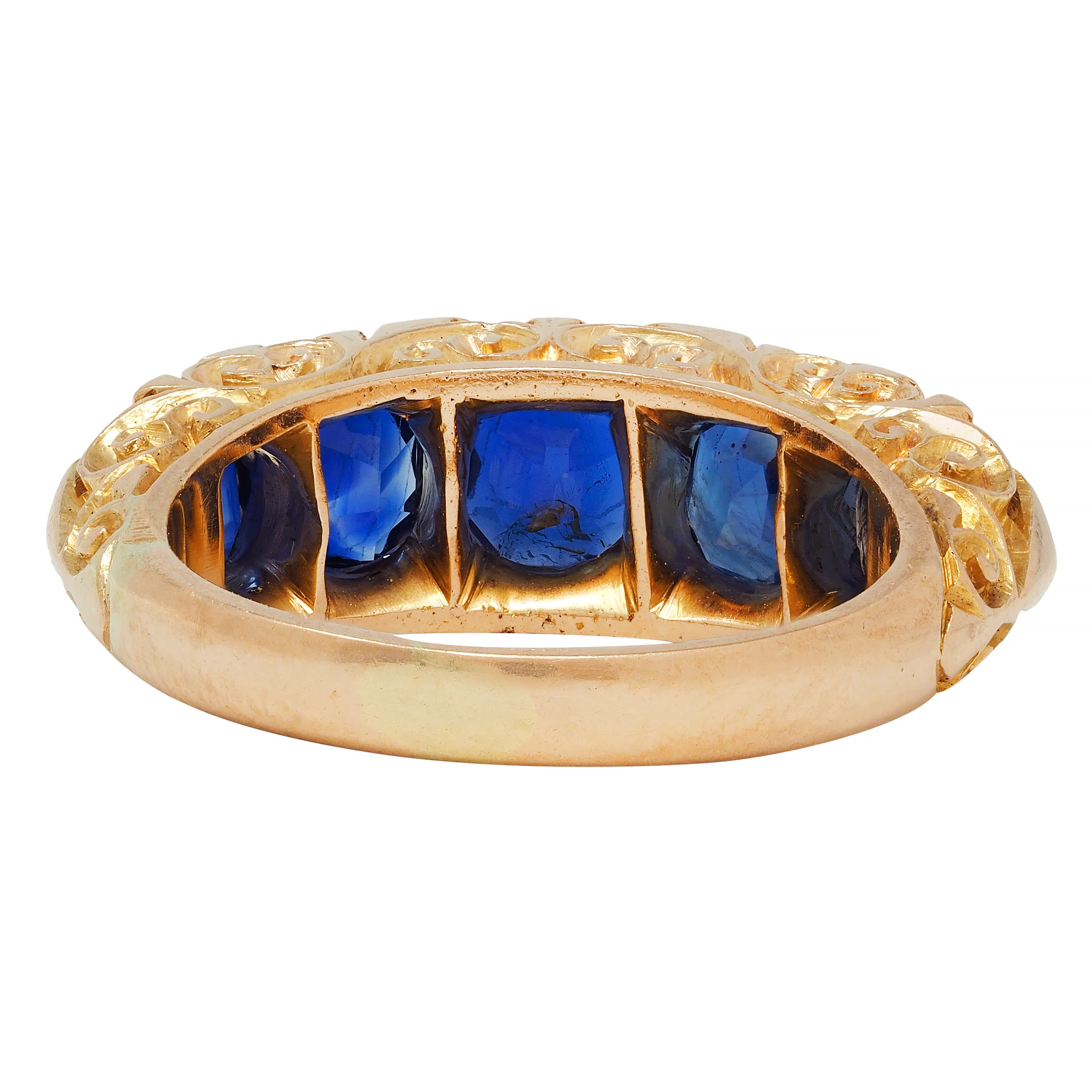 Victorian 4.10 CTW No Heat Sapphire Diamond 18 Karat Yellow Gold Antique Five Stone Band Ring GIA - Image 5