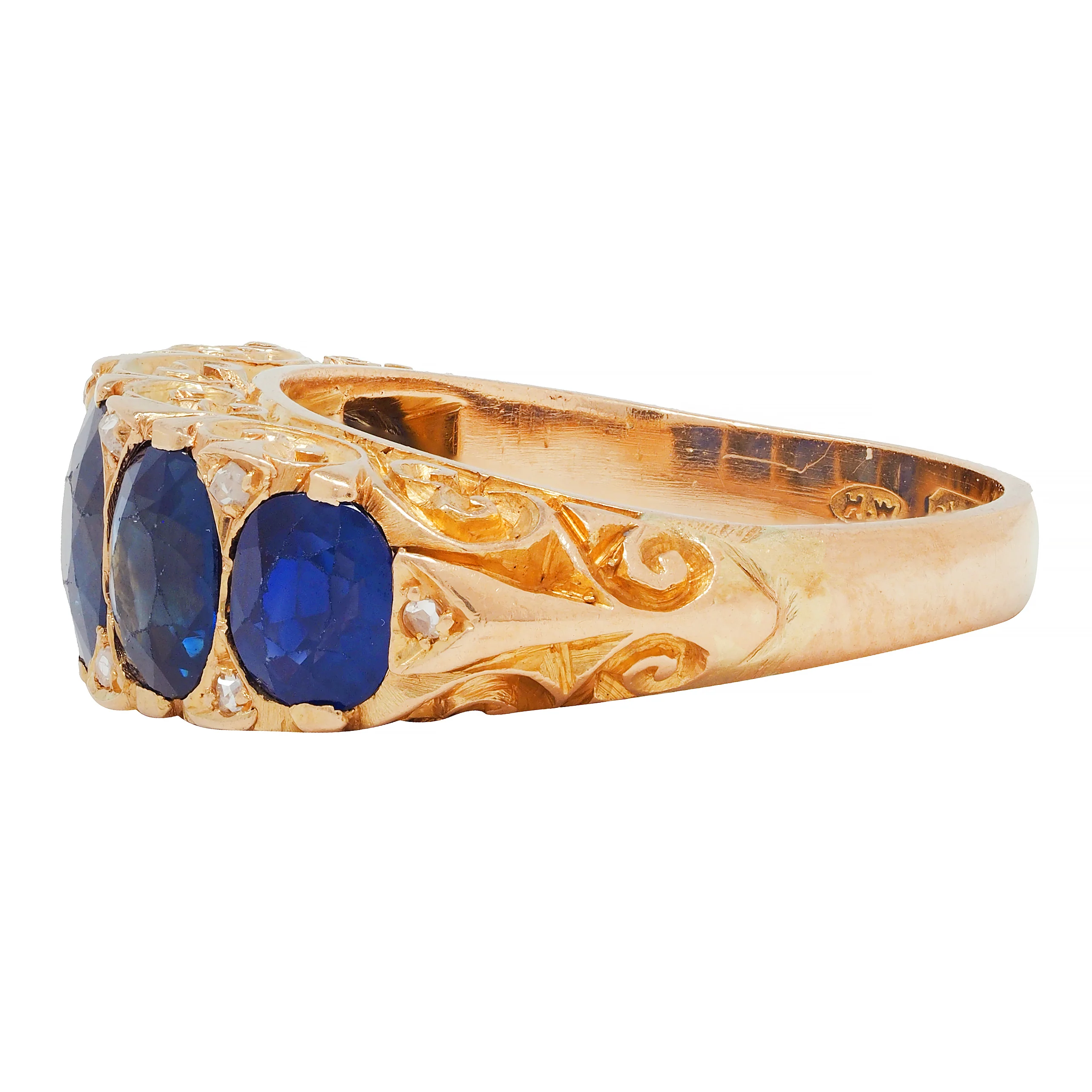 Victorian 4.10 CTW No Heat Sapphire Diamond 18 Karat Yellow Gold Antique Five Stone Band Ring GIA - Image 6