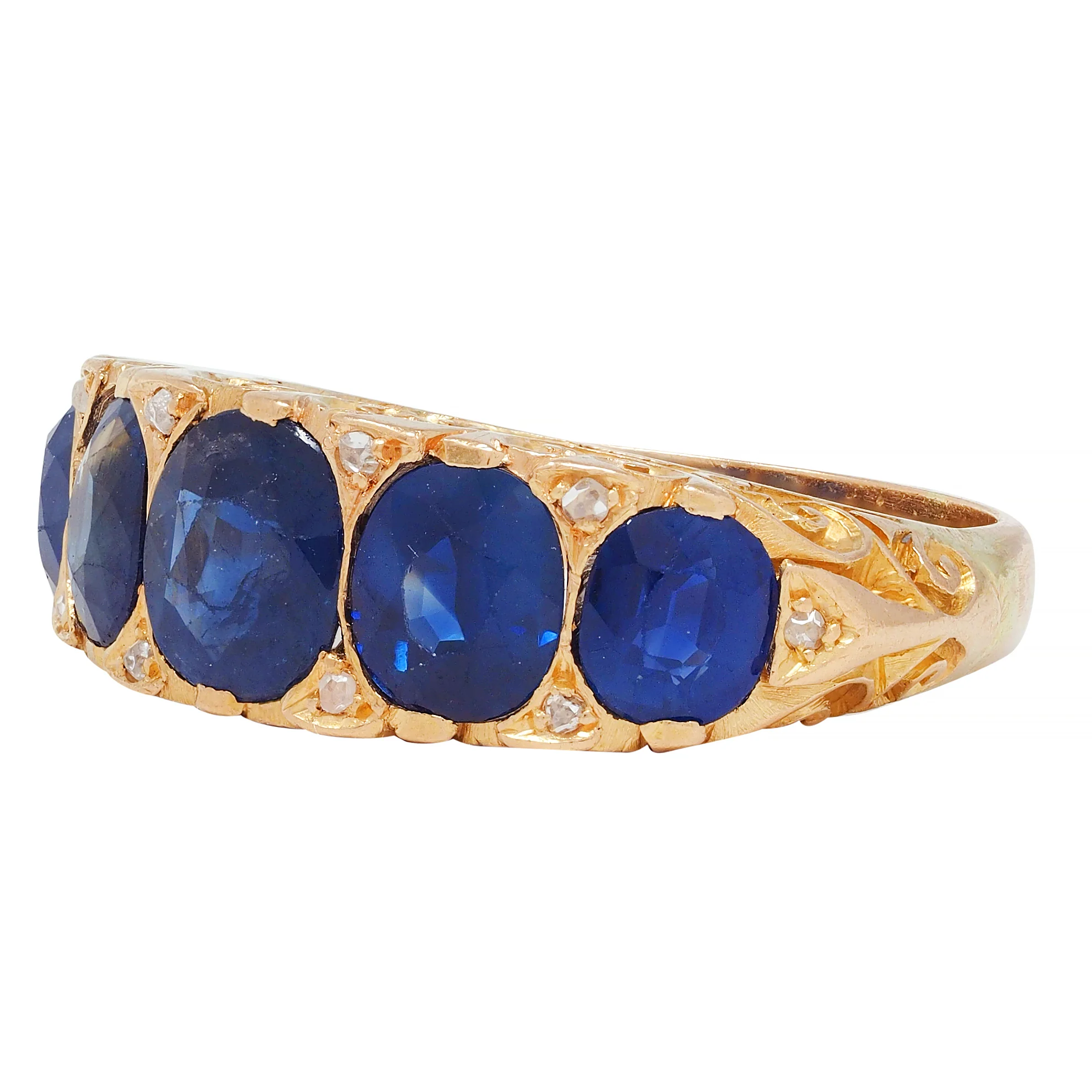 Victorian 4.10 CTW No Heat Sapphire Diamond 18 Karat Yellow Gold Antique Five Stone Band Ring GIA - Image 7