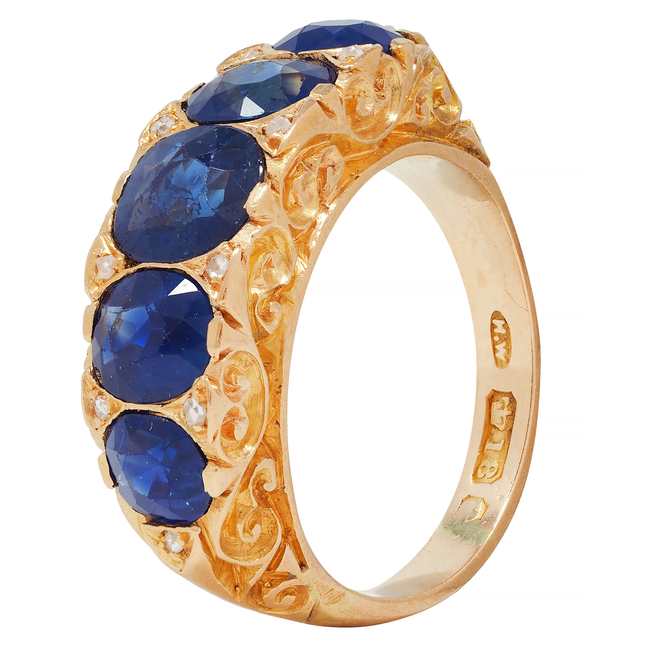 Victorian 4.10 CTW No Heat Sapphire Diamond 18 Karat Yellow Gold Antique Five Stone Band Ring GIA - Image 9