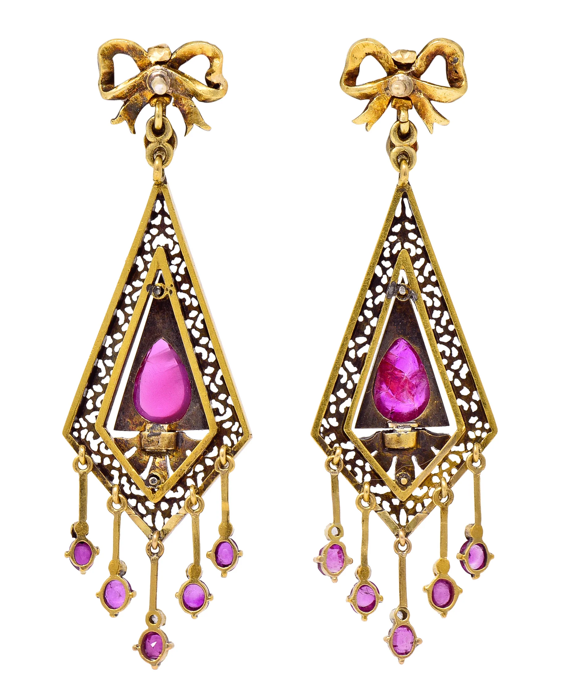 Victorian 4.12 CTW Ruby Diamond 18 Karat Yellow Gold Bow Fringe Antique Drop Earrings - Image 3