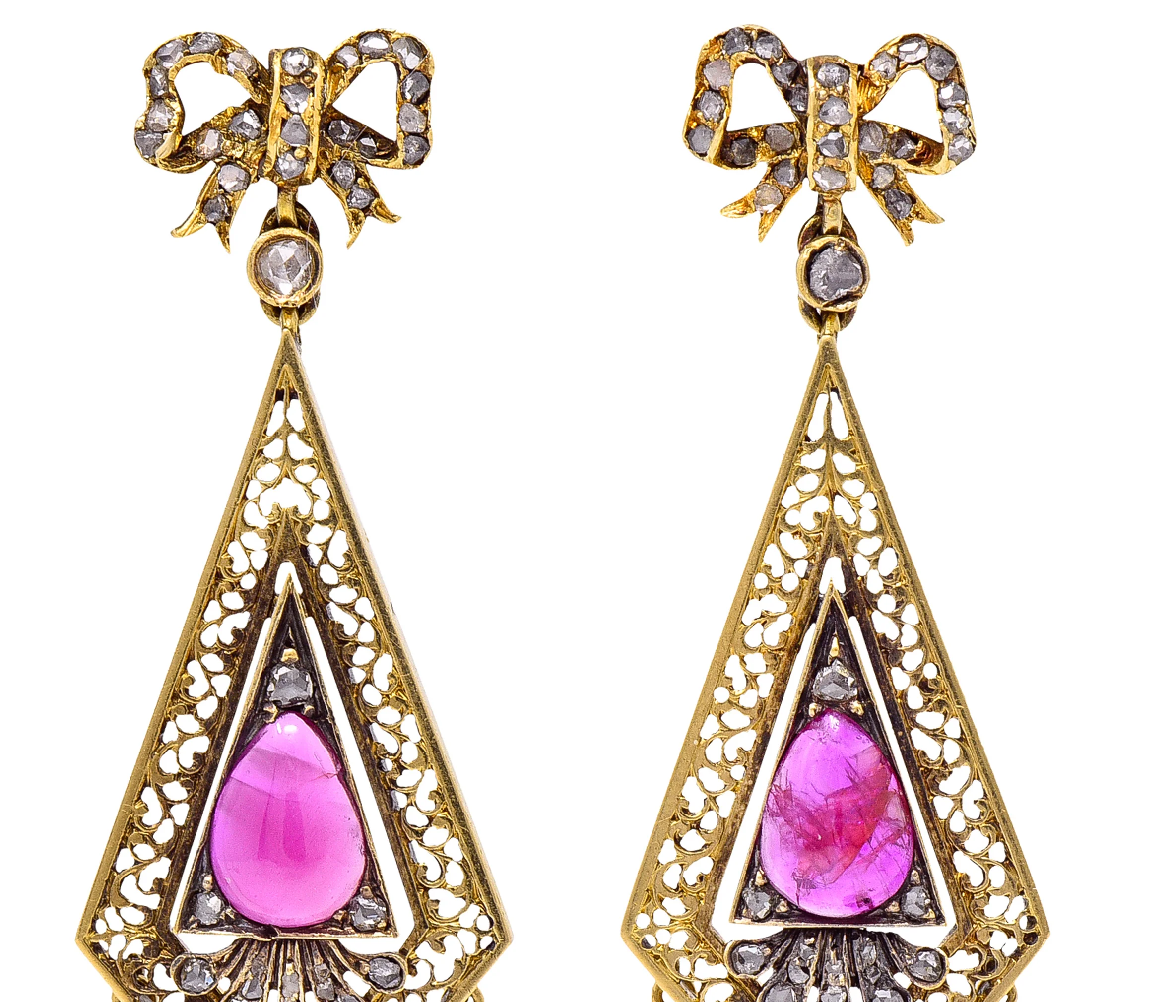 Victorian 4.12 CTW Ruby Diamond 18 Karat Yellow Gold Bow Fringe Antique Drop Earrings - Image 4