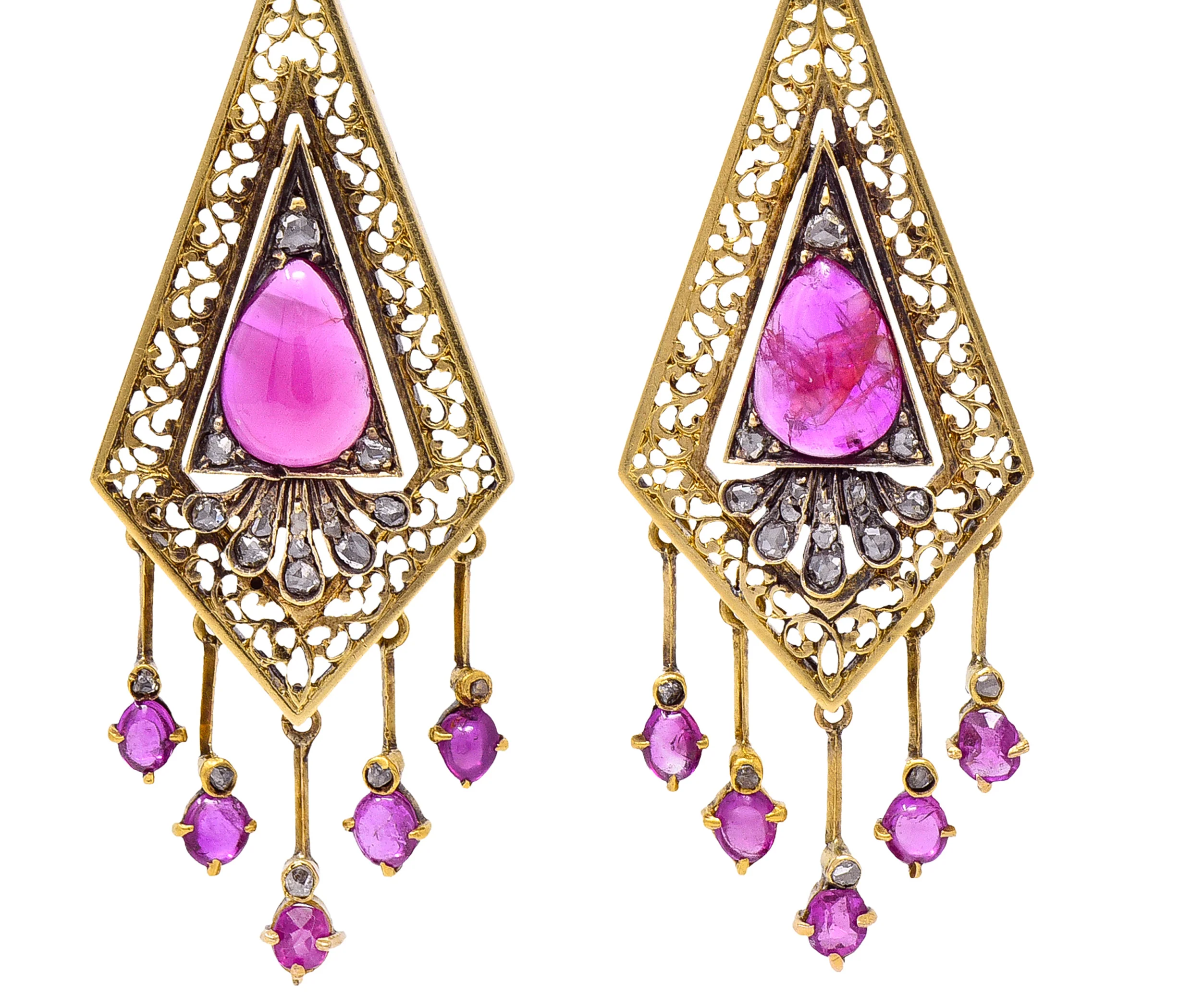 Victorian 4.12 CTW Ruby Diamond 18 Karat Yellow Gold Bow Fringe Antique Drop Earrings - Image 5