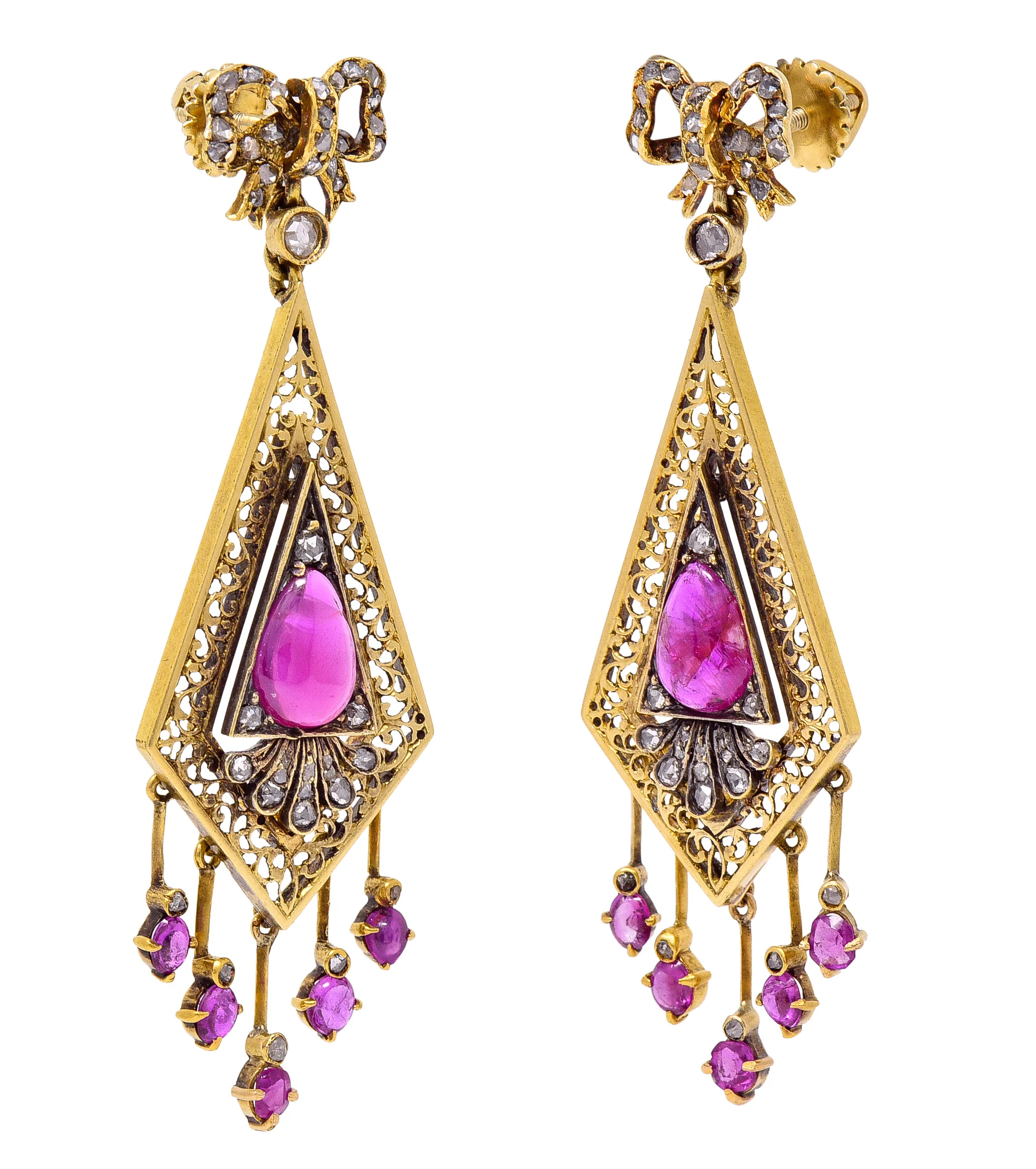 Victorian 4.12 CTW Ruby Diamond 18 Karat Yellow Gold Bow Fringe Antique Drop Earrings - Image 6
