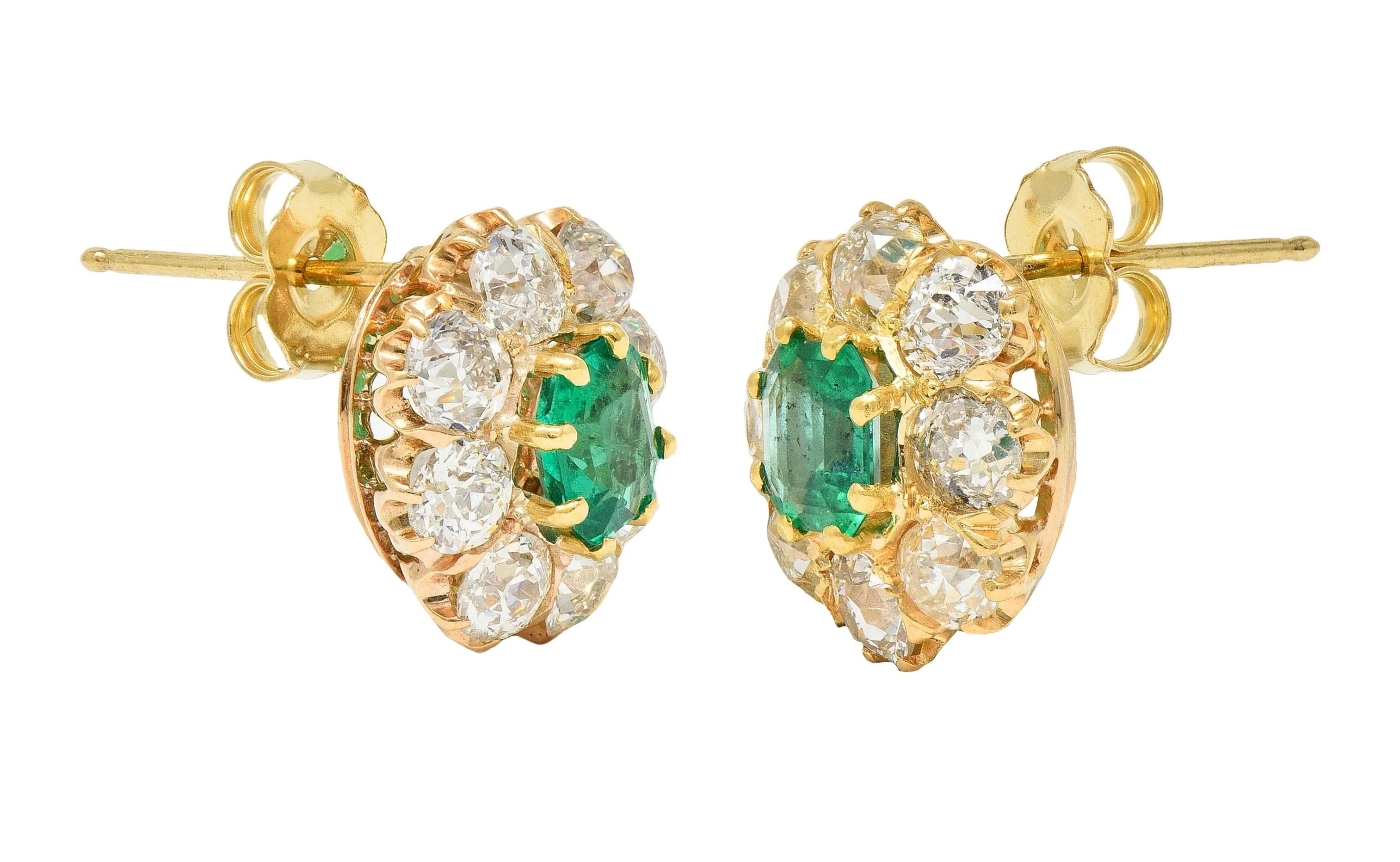 Victorian 4.14 CTW Emerald Old European Cut Diamond 18 Karat Yellow Gold Antique Cluster Earrings - Image 7