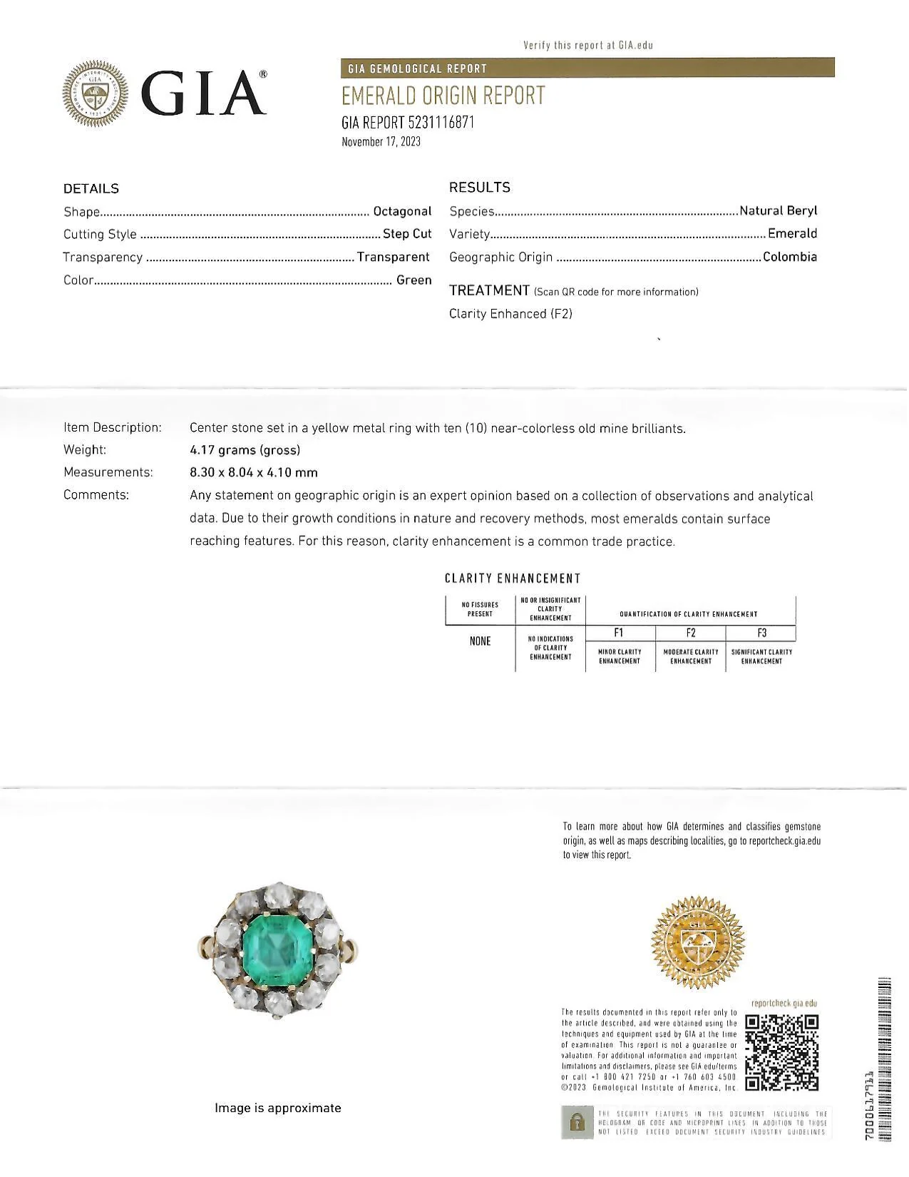 Victorian 4.28 CTW Colombian Emerald Diamond 14 Karat Yellow Gold Antique Halo Ring GIA - Image 12