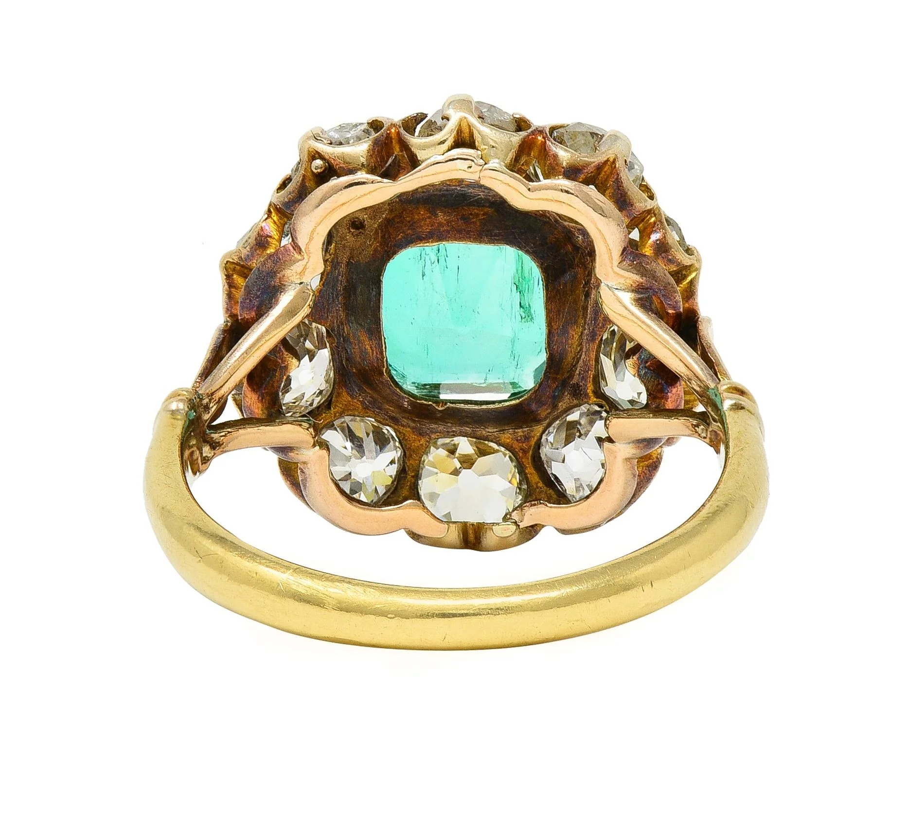 Victorian 4.28 CTW Colombian Emerald Diamond 14 Karat Yellow Gold Antique Halo Ring GIA - Image 5