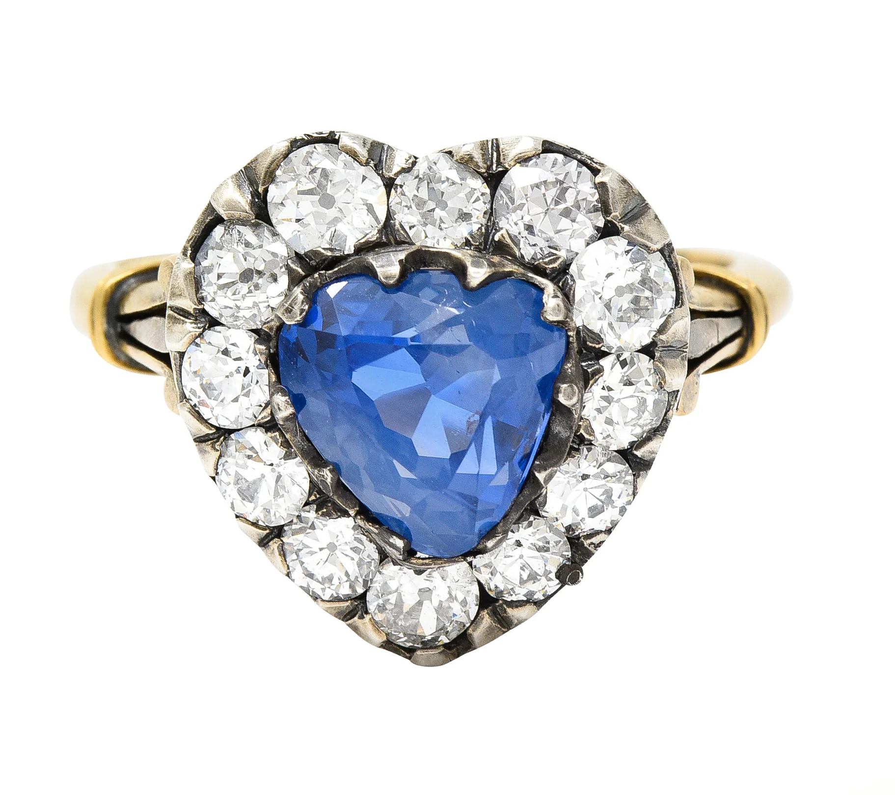 Victorian 4.60 CTW Heart Cut Sapphire Old European Cut Diamond Silver-Topped 18 Karat Yellow Gold Heart Halo Antique Ring
