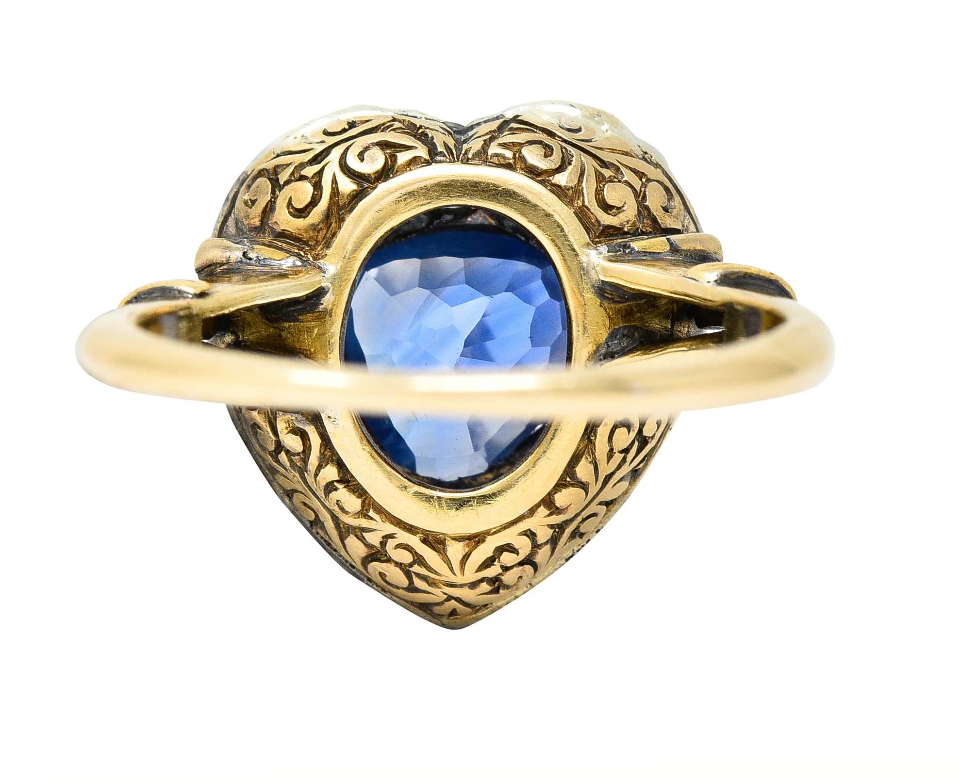 Victorian 4.60 CTW Heart Cut Sapphire Old European Cut Diamond Silver-Topped 18 Karat Yellow Gold Heart Halo Antique Ring - Image 10