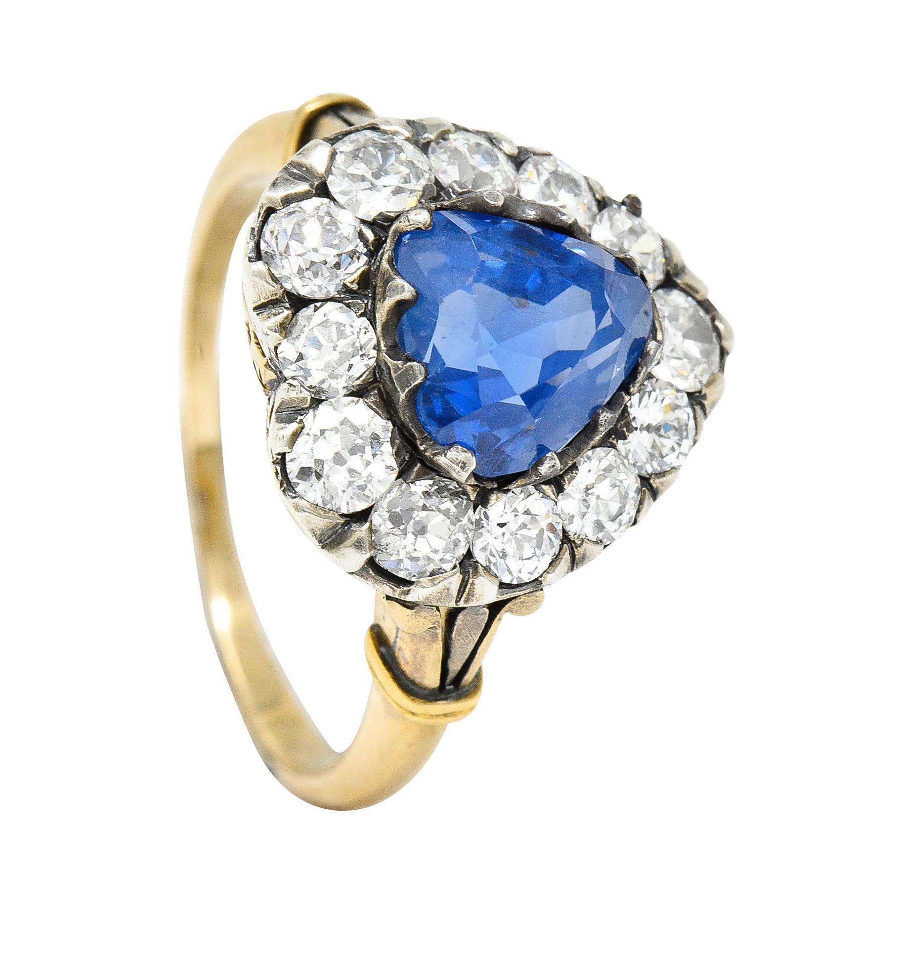 Victorian 4.60 CTW Heart Cut Sapphire Old European Cut Diamond Silver-Topped 18 Karat Yellow Gold Heart Halo Antique Ring - Image 11