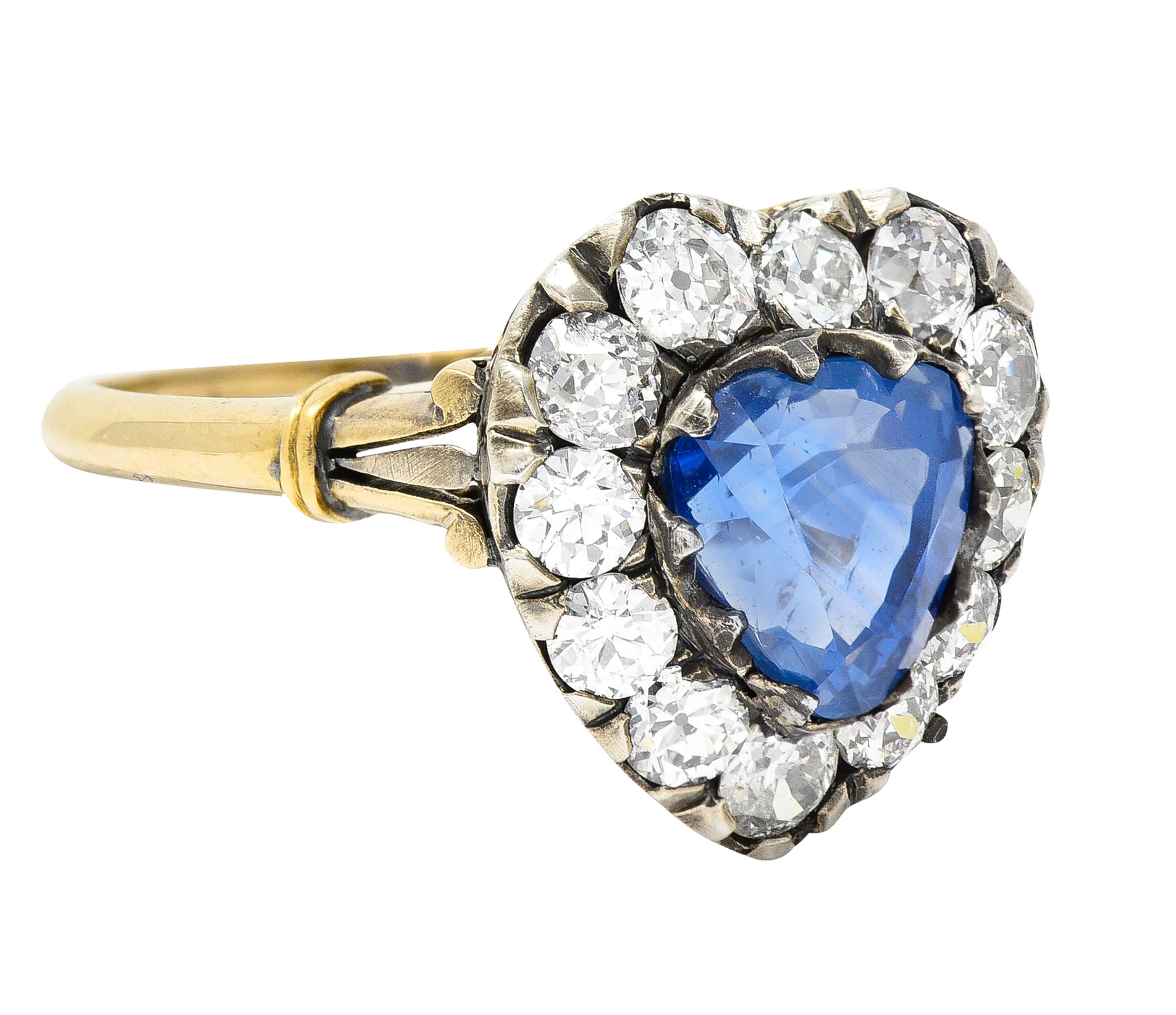 Victorian 4.60 CTW Heart Cut Sapphire Old European Cut Diamond Silver-Topped 18 Karat Yellow Gold Heart Halo Antique Ring - Image 2