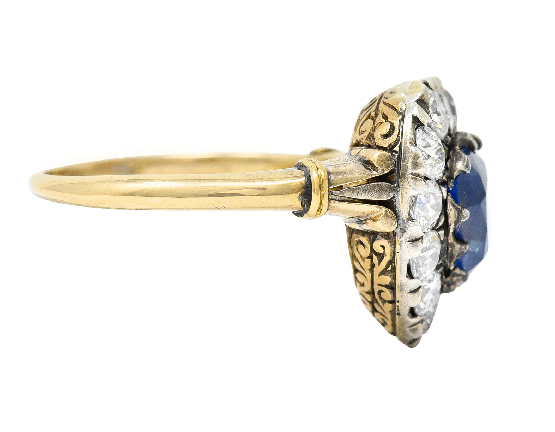 Victorian 4.60 CTW Heart Cut Sapphire Old European Cut Diamond Silver-Topped 18 Karat Yellow Gold Heart Halo Antique Ring - Image 3