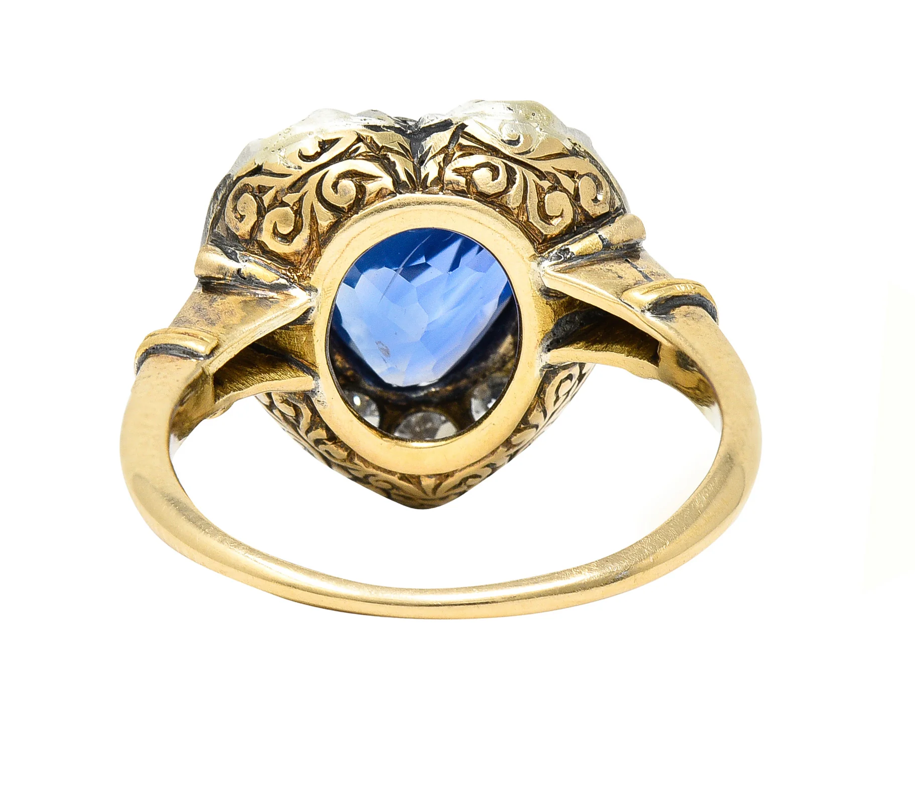 Victorian 4.60 CTW Heart Cut Sapphire Old European Cut Diamond Silver-Topped 18 Karat Yellow Gold Heart Halo Antique Ring - Image 4