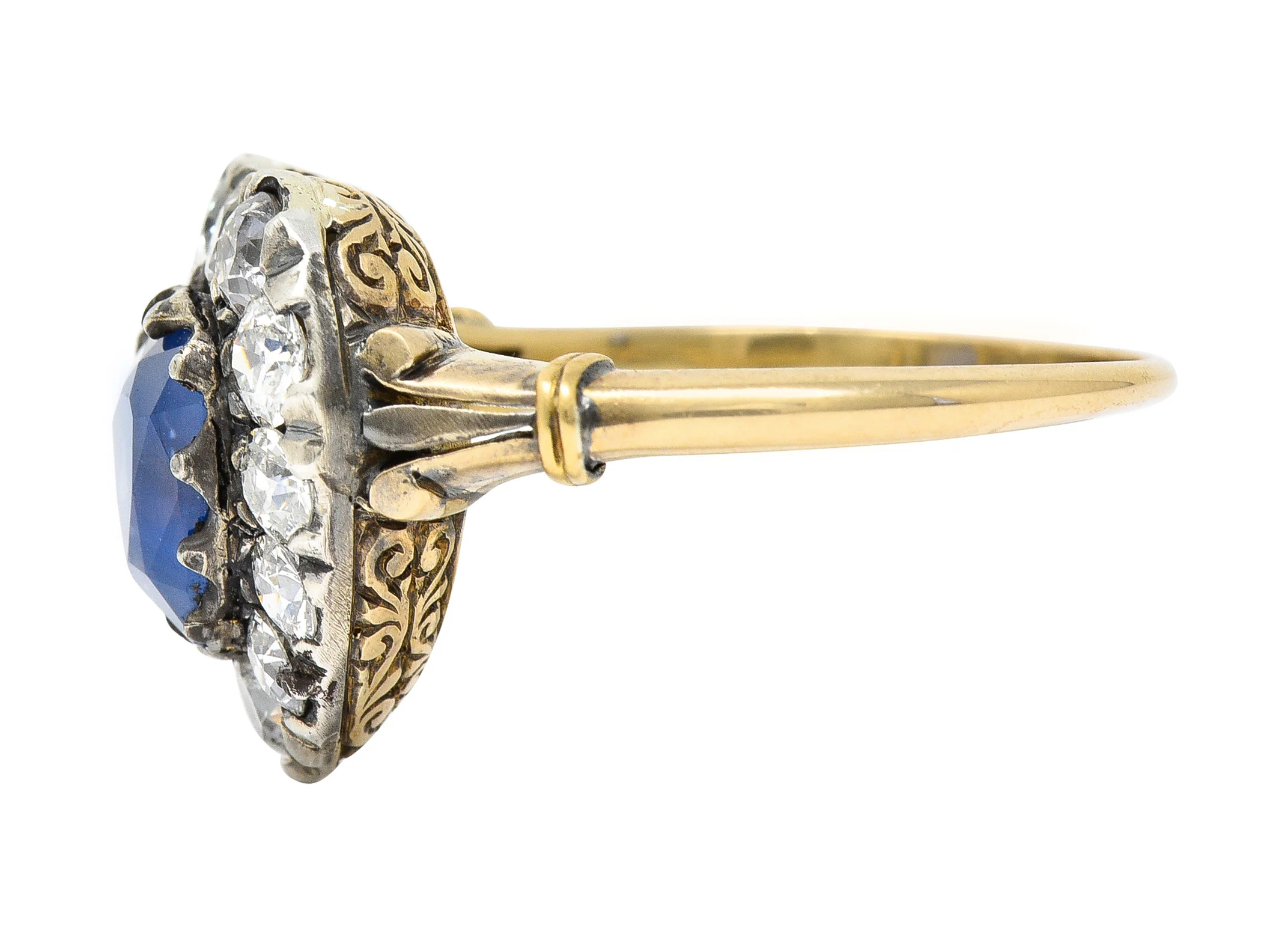 Victorian 4.60 CTW Heart Cut Sapphire Old European Cut Diamond Silver-Topped 18 Karat Yellow Gold Heart Halo Antique Ring - Image 5