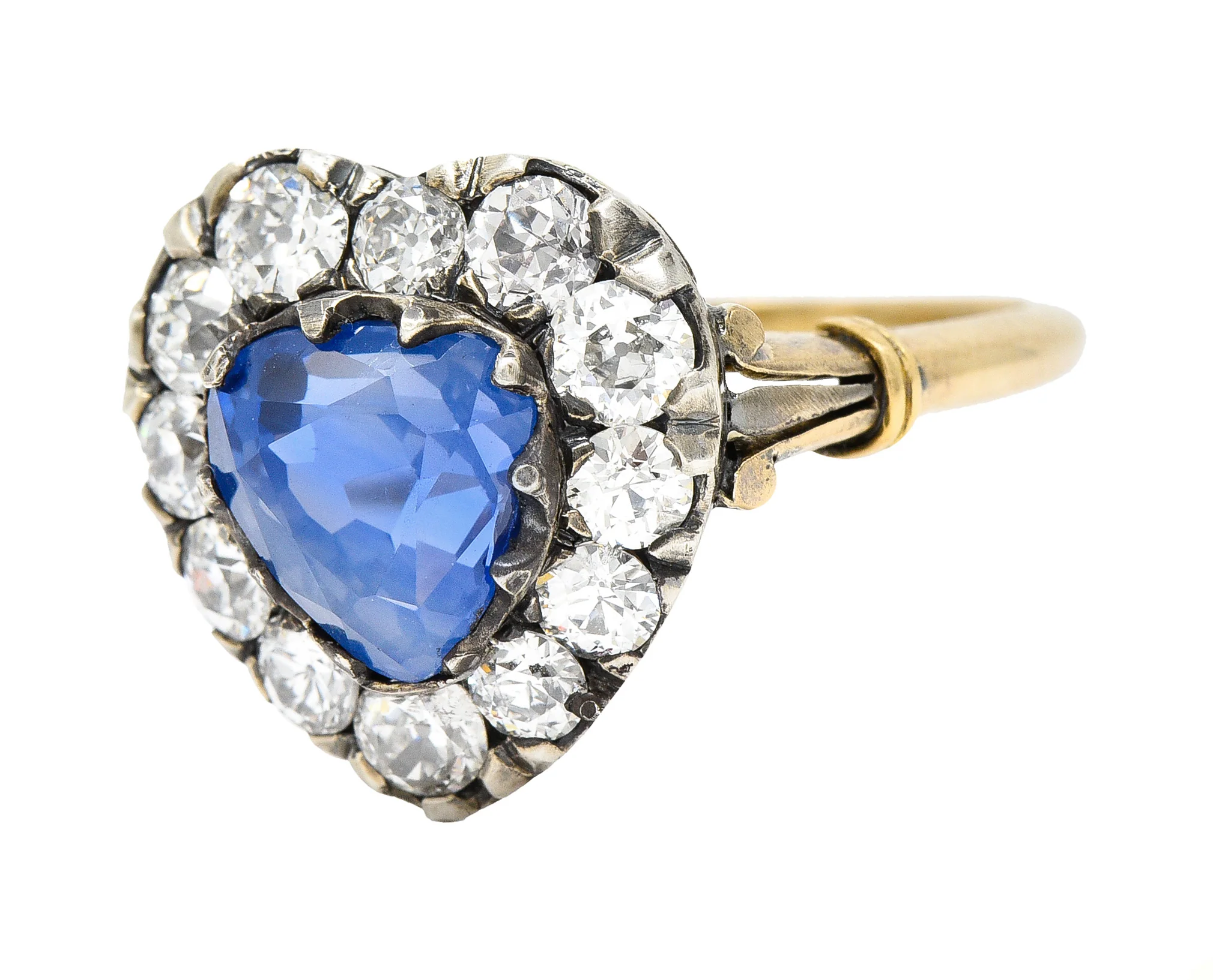 Victorian 4.60 CTW Heart Cut Sapphire Old European Cut Diamond Silver-Topped 18 Karat Yellow Gold Heart Halo Antique Ring - Image 6