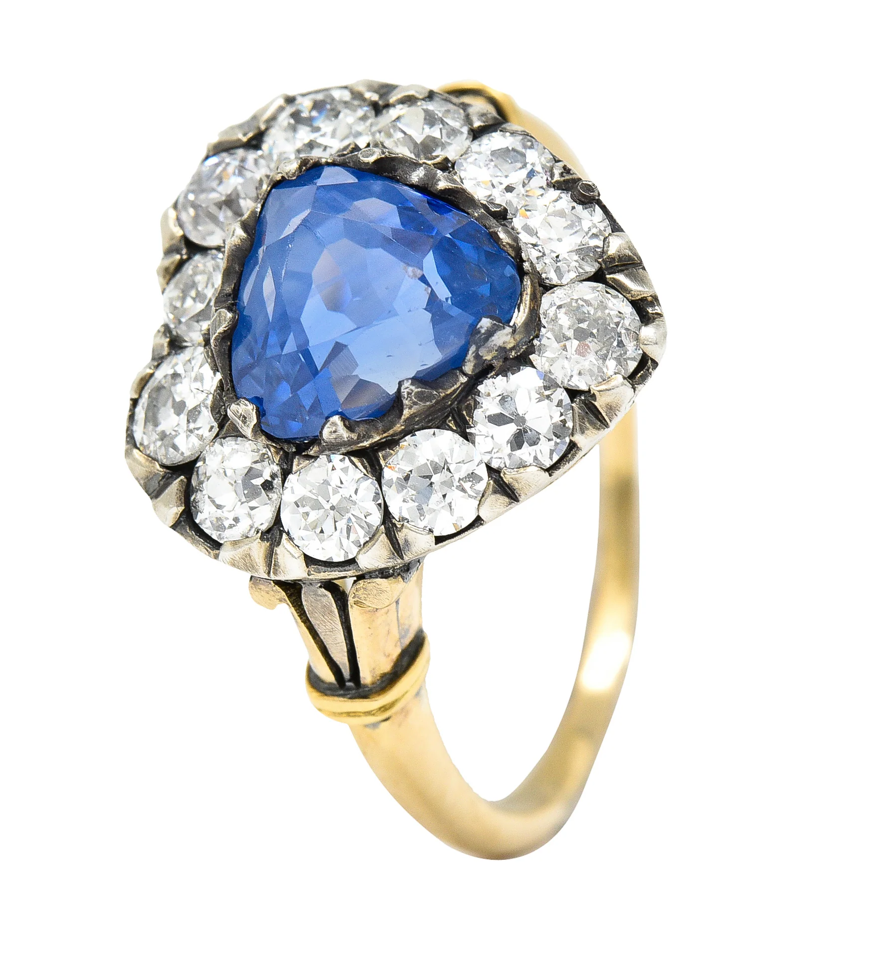 Victorian 4.60 CTW Heart Cut Sapphire Old European Cut Diamond Silver-Topped 18 Karat Yellow Gold Heart Halo Antique Ring - Image 7