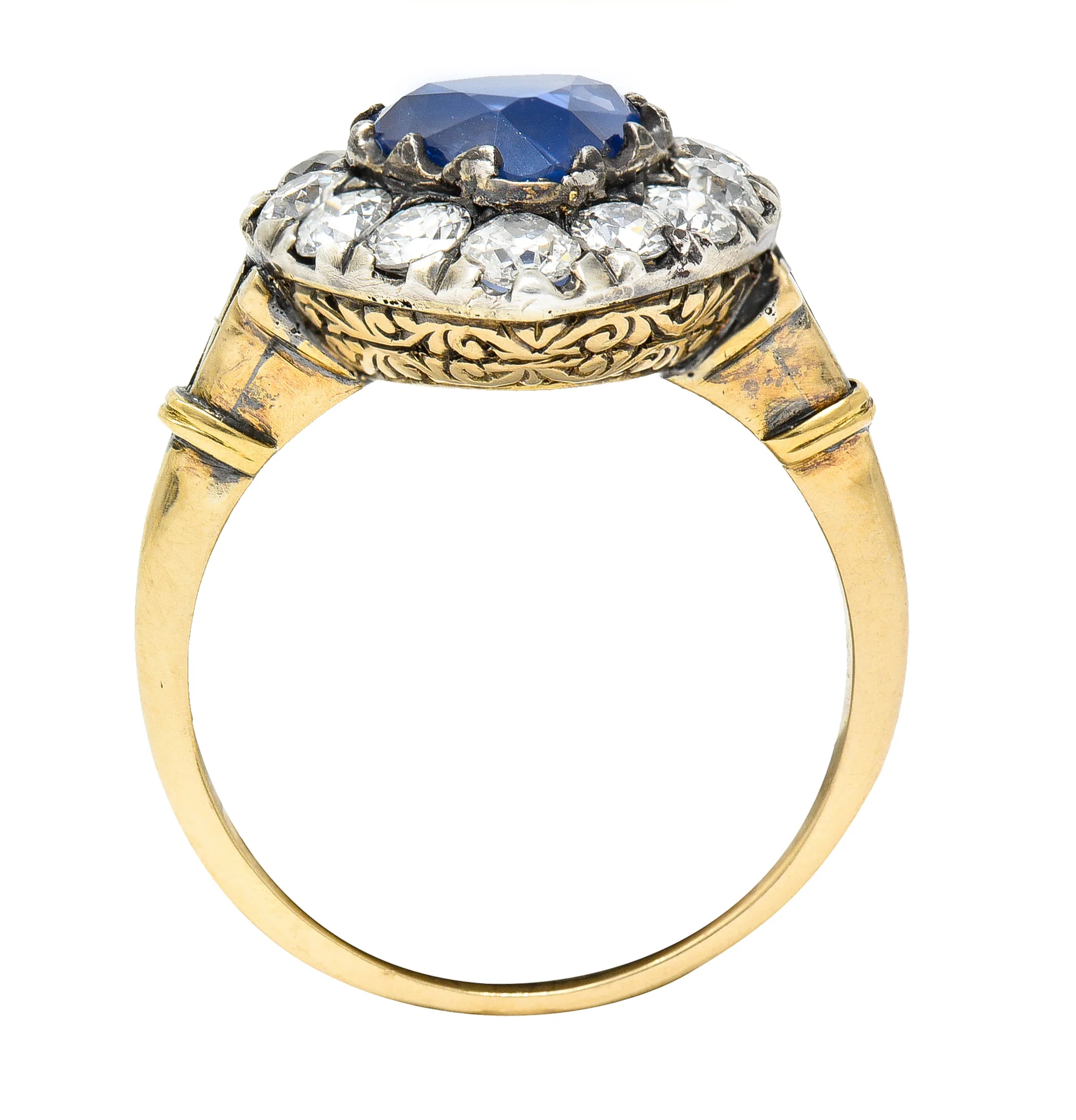 Victorian 4.60 CTW Heart Cut Sapphire Old European Cut Diamond Silver-Topped 18 Karat Yellow Gold Heart Halo Antique Ring - Image 8