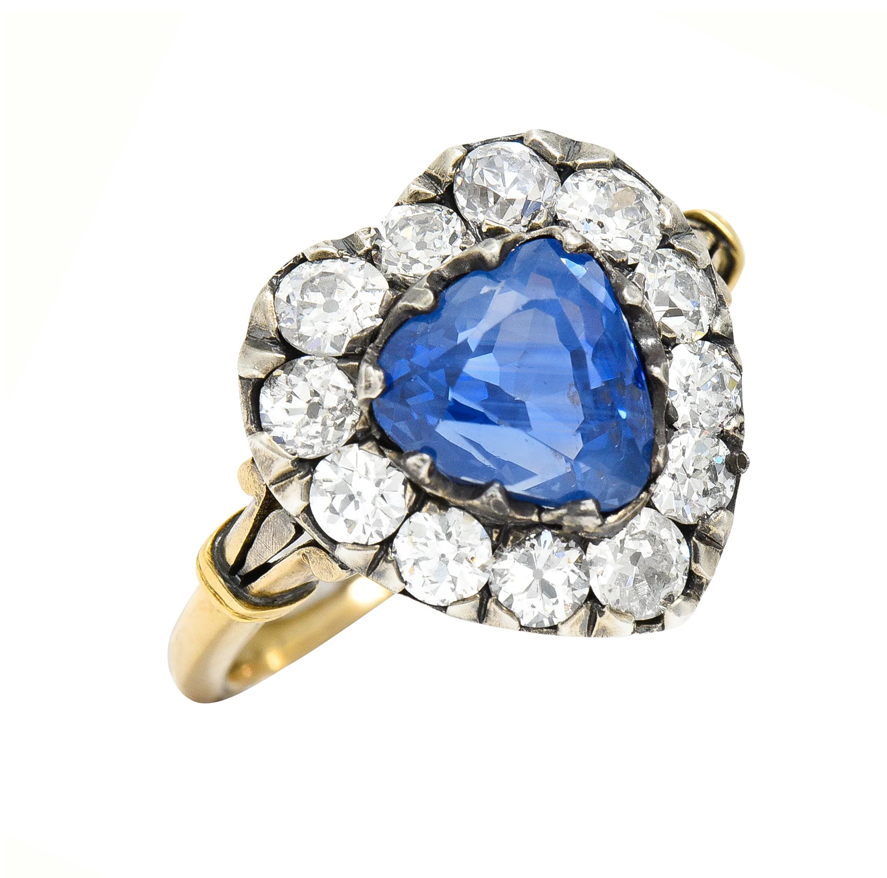 Victorian 4.60 CTW Heart Cut Sapphire Old European Cut Diamond Silver-Topped 18 Karat Yellow Gold Heart Halo Antique Ring - Image 9