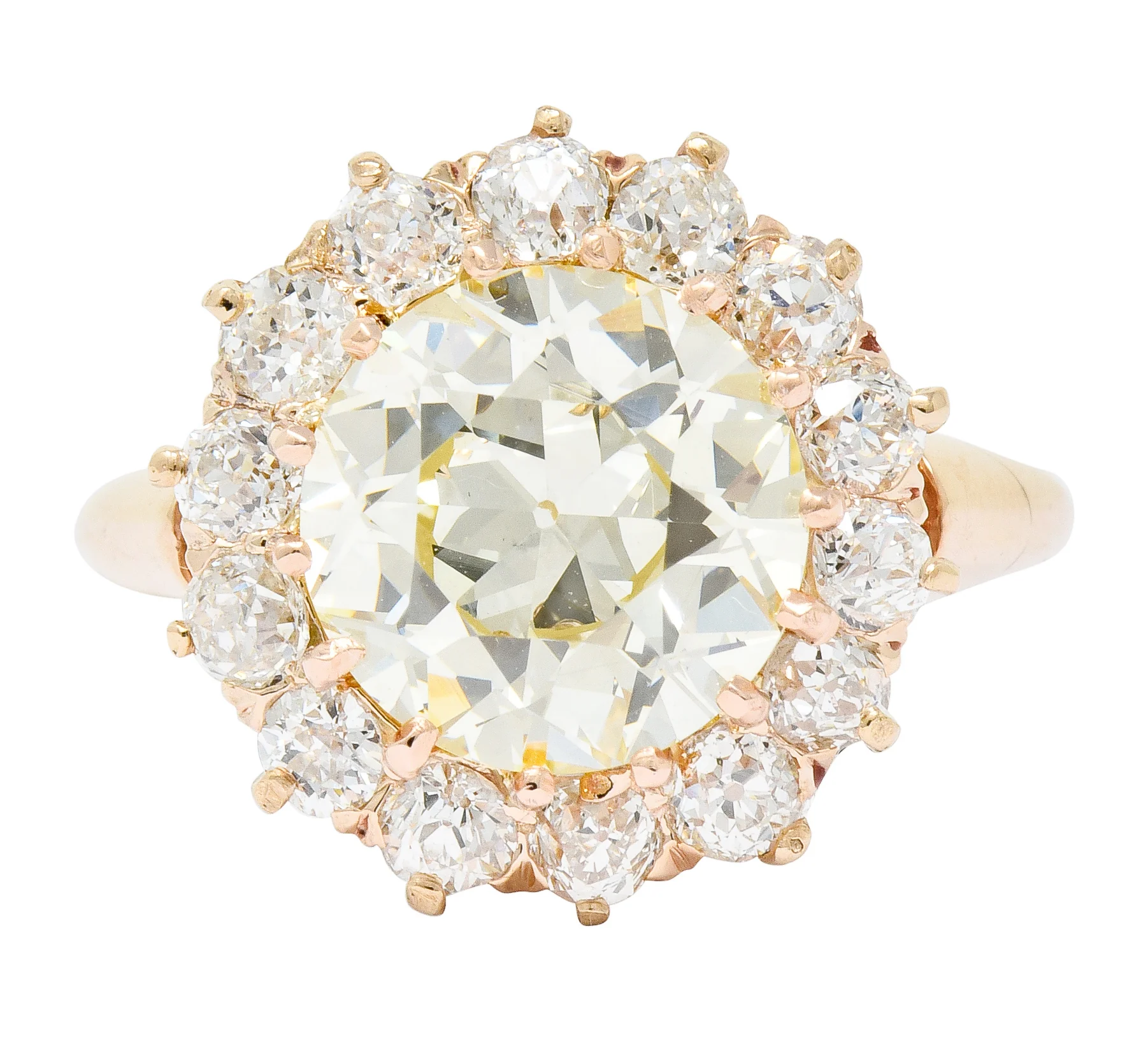 Victorian 4.94 CTW Old European Cut Diamond 14 Karat Rose Gold Cluster Engagement Ring GIA