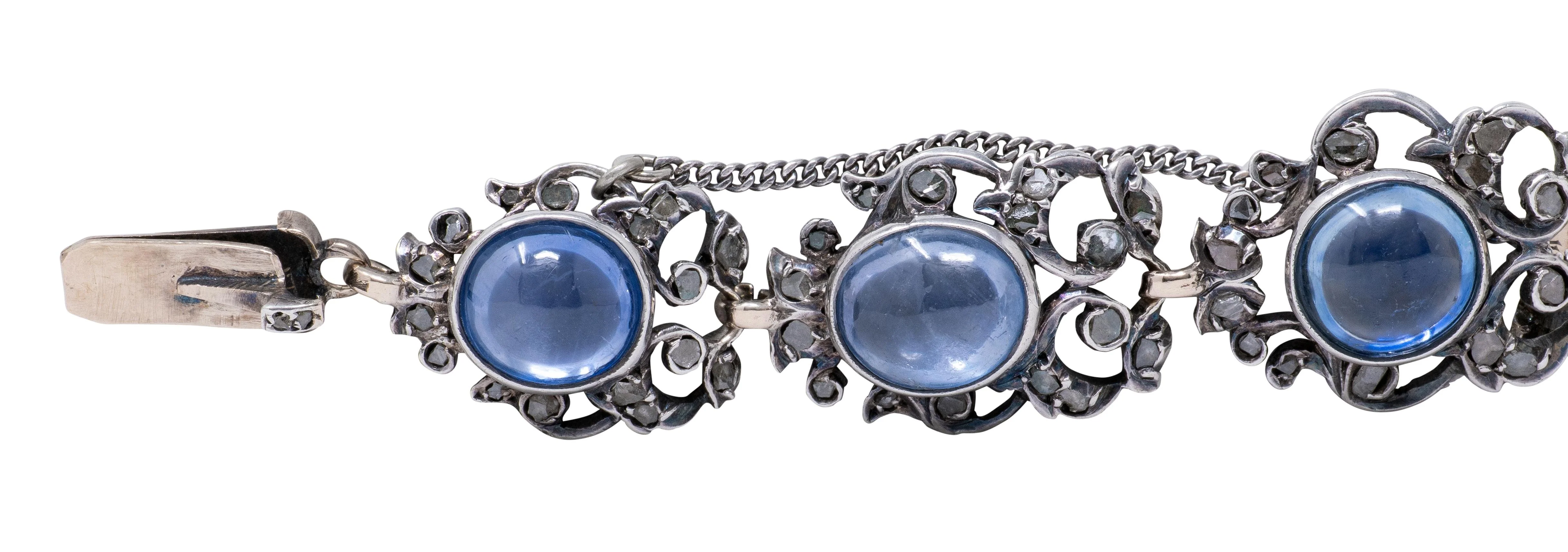 Victorian 44.00 CTW Sapphire Diamond Silver-Topped 10 Karat Rose Gold Antique Foliate Link Bracelet - Image 4